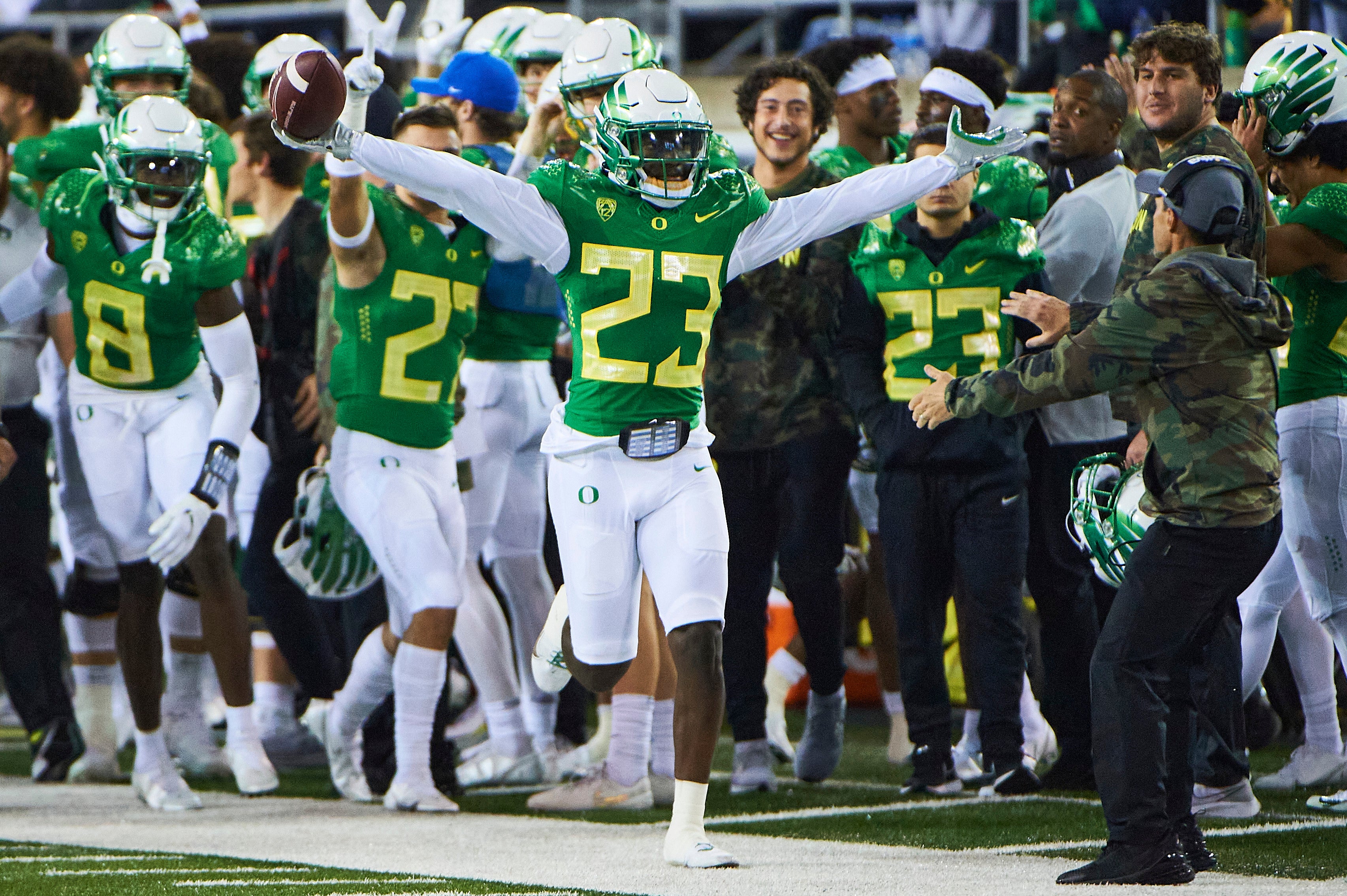 Nov 13, 2021; Eugene, Oregon, USA; Oregon Ducks safety Verone McKinley III (23) celebrates after intercepting a pass against the Washington State Cougars during the first half at Autzen Stadium. Mandatory Credit: Troy Wayrynen-USA TODAY Sports