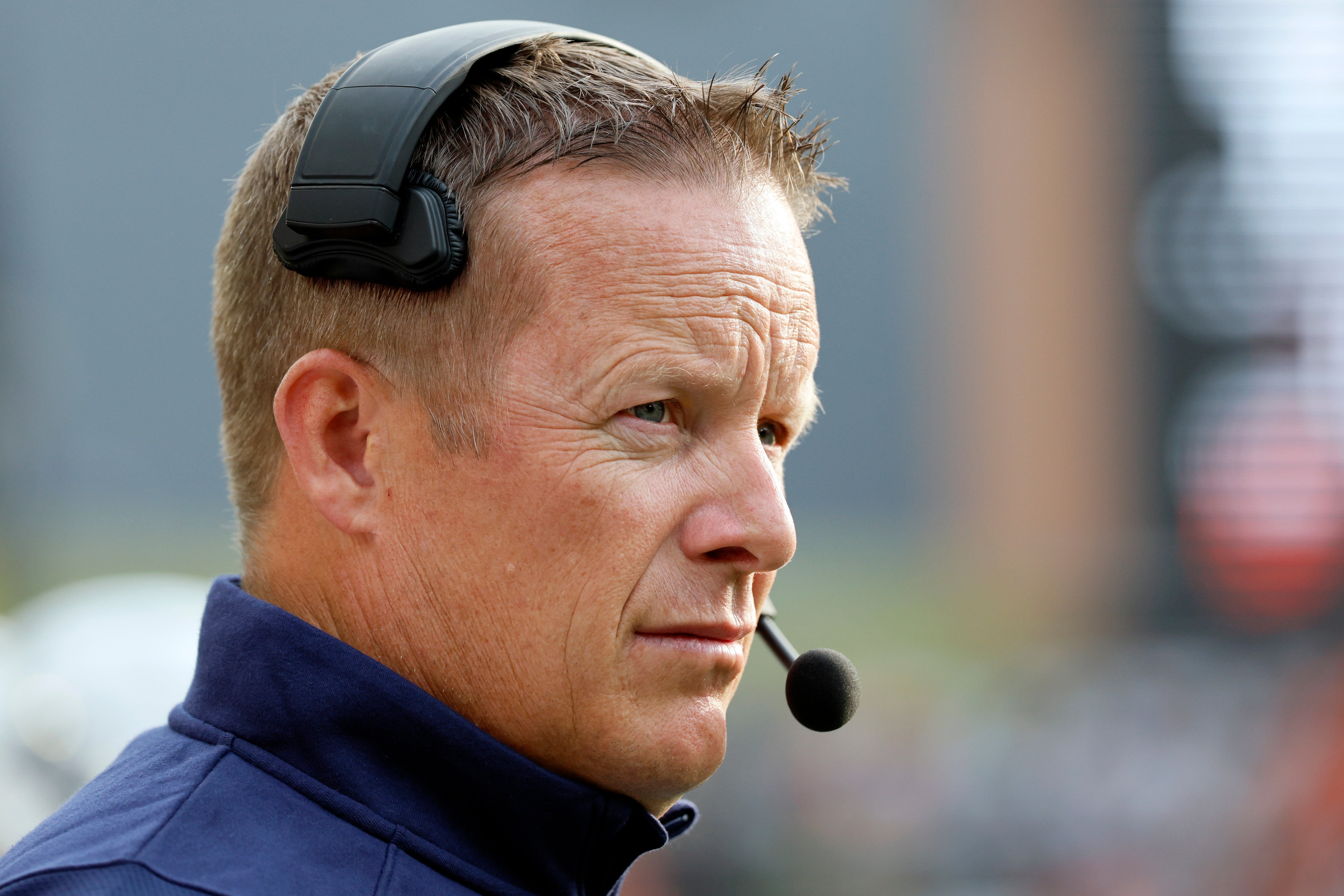 Sep 17, 2022; Portland, Oregon, USA; Montana State Bobcats head coach Brent Vigen looks on during the first half against the Oregon State Beavers at Providence Park. Mandatory Credit: Soobum Im-USA TODAY Sports
