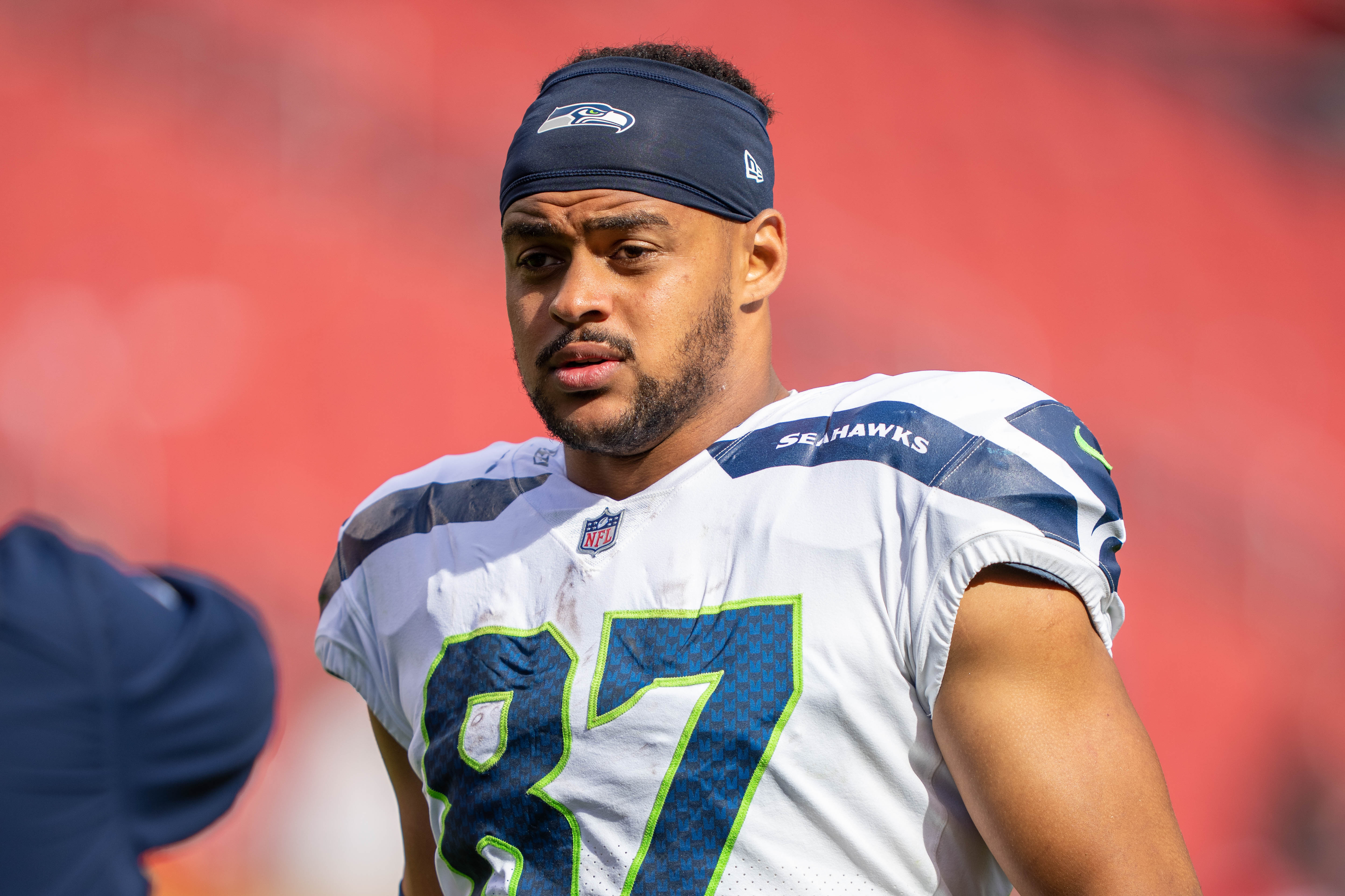 September 18, 2022; Santa Clara, California, USA; Seattle Seahawks tight end Noah Fant (87) after the game against the San Francisco 49ers at Levi's Stadium.