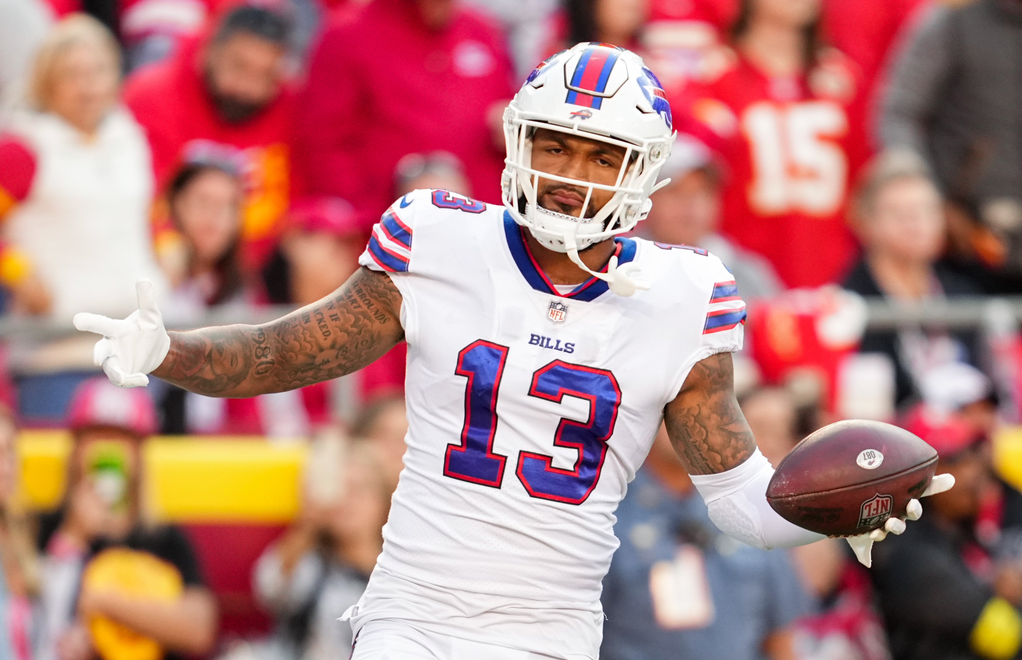 Former Buffalo Bills WR Gabe Davis celebrates during playoff game against Kansas City Chiefs