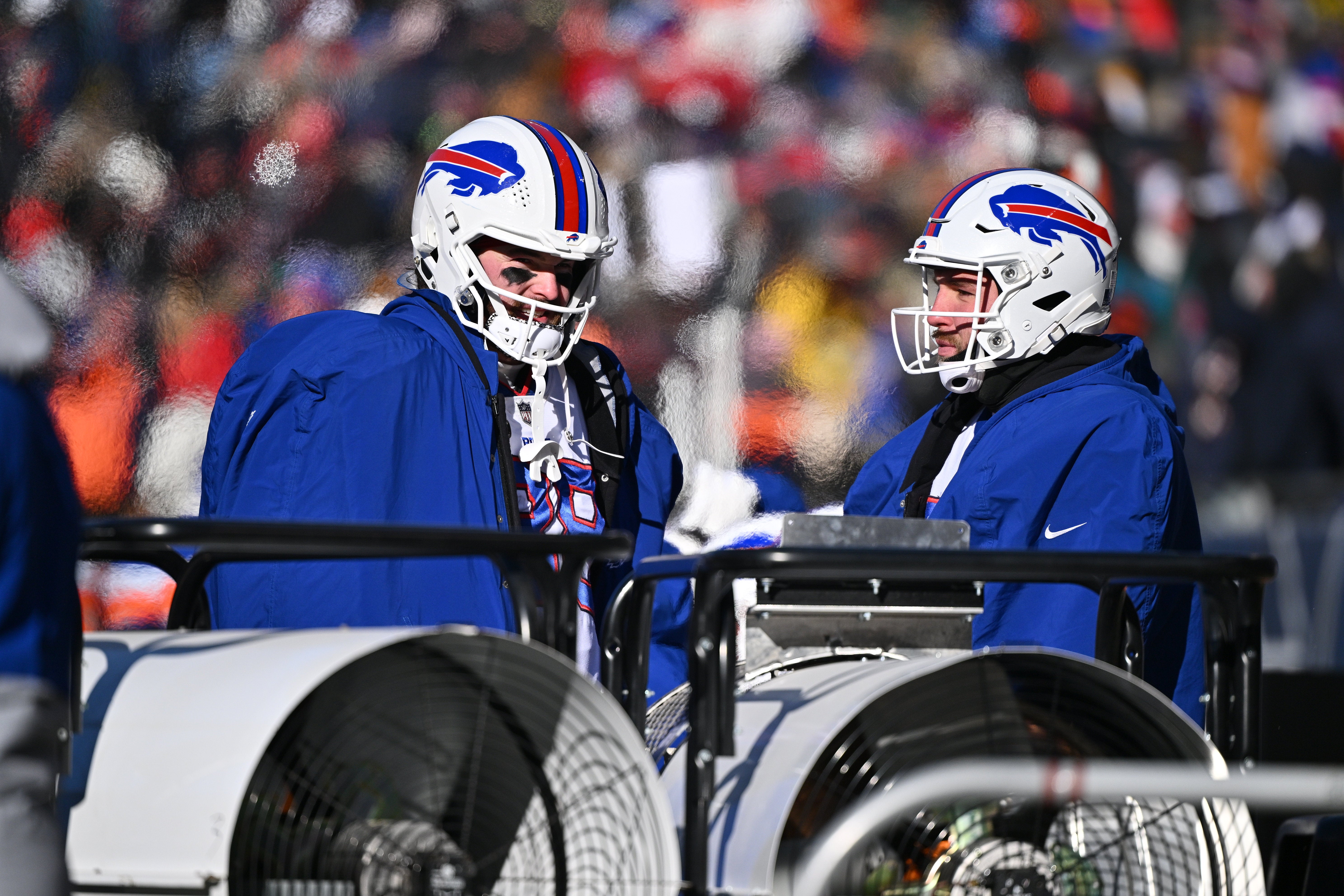 Buffalo Bills long-snapper Reid Ferguson on the sideline with Buffalo Bills TE Dawson Knox against the Chicago Bears