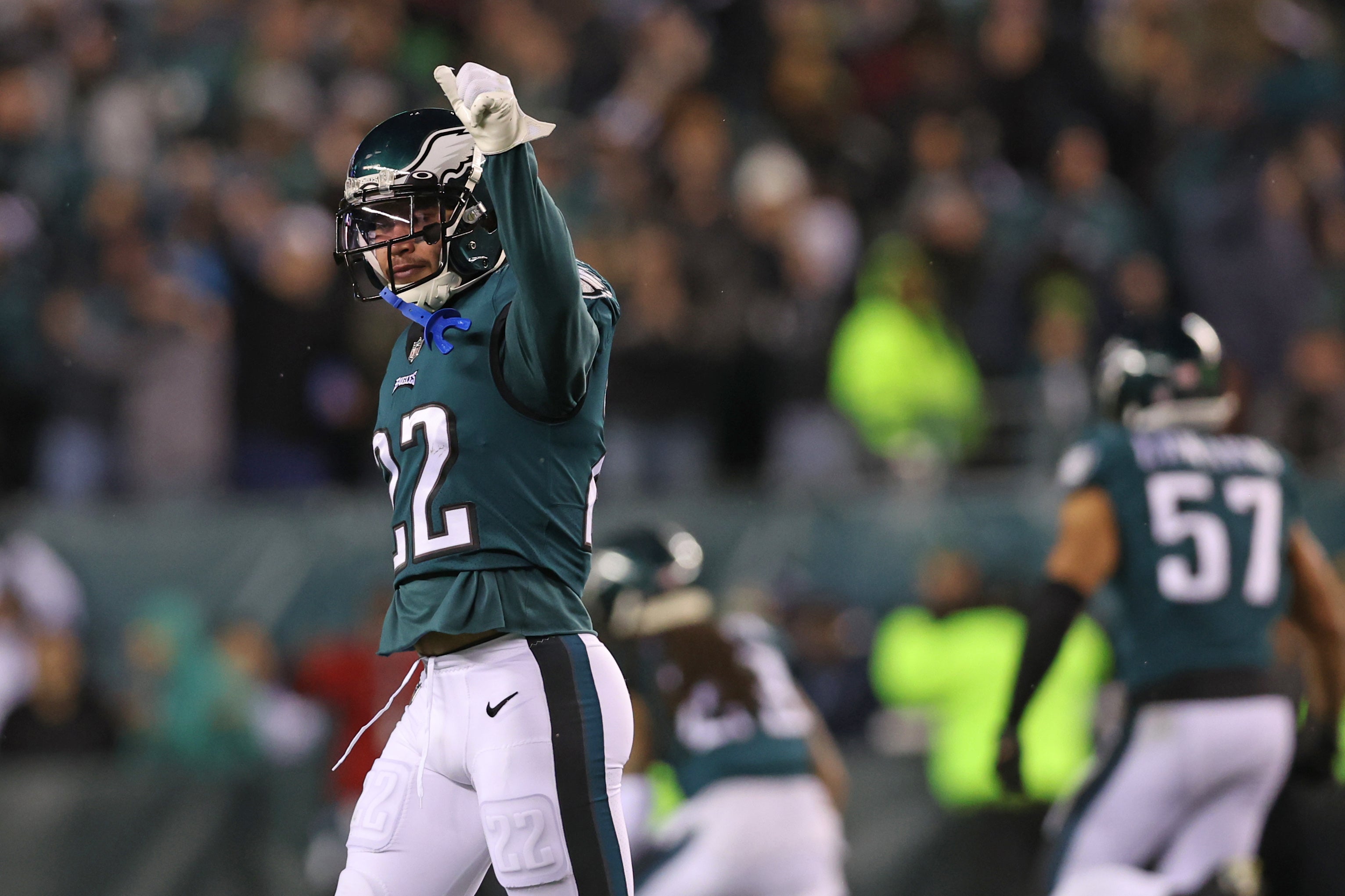 Philadelphia Eagles safety Marcus Epps (22) raises a fist in celebration against the San Francisco 49ers during the third quarter in the NFC Championship game at Lincoln Financial Field.