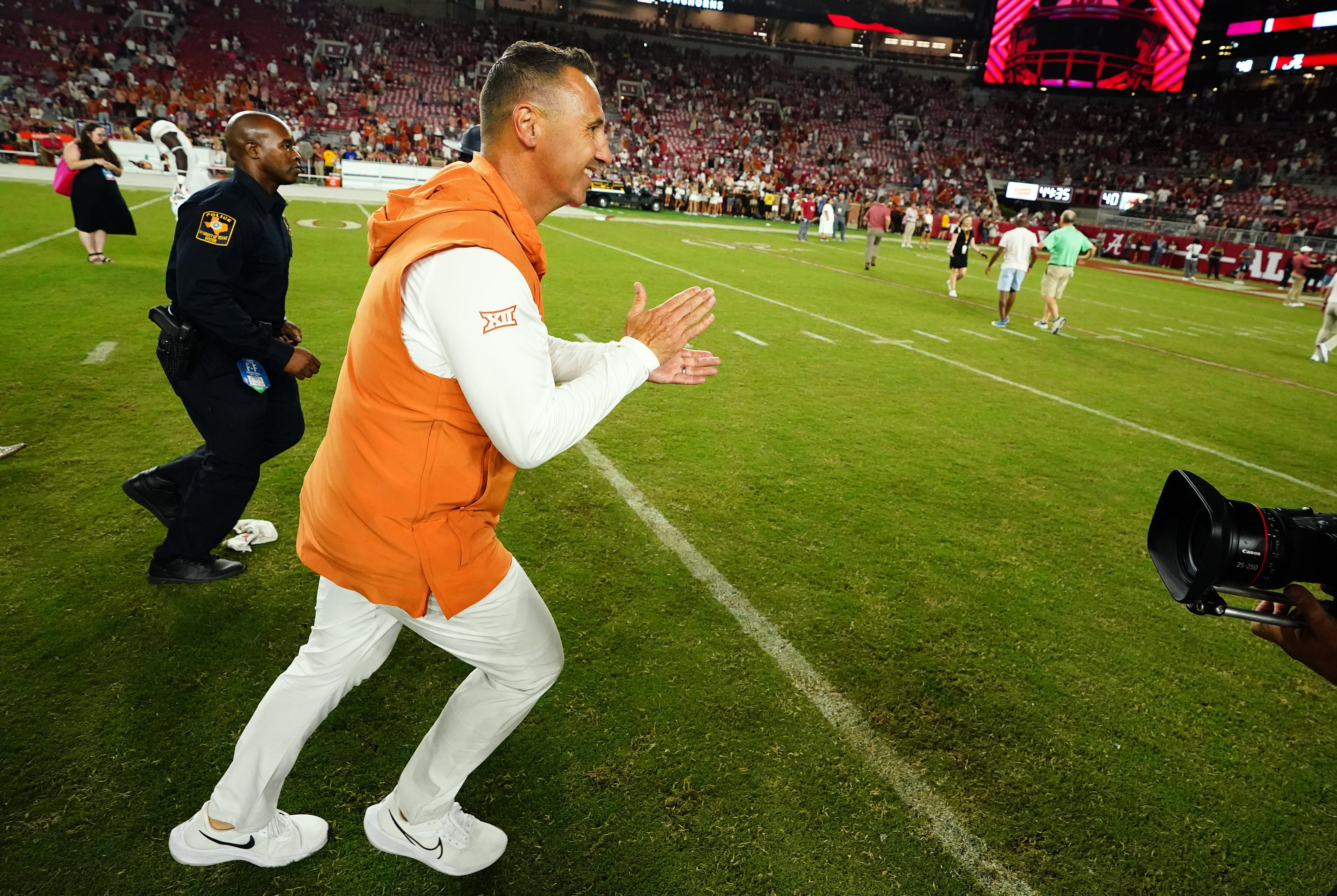 Sep 9, 2023; Tuscaloosa, Alabama, USA; Texas Longhorns head coach Steve Sarkisian celebrates their 34-24 victory over the Alabama Crimson Tide at Bryant-Denny Stadium.