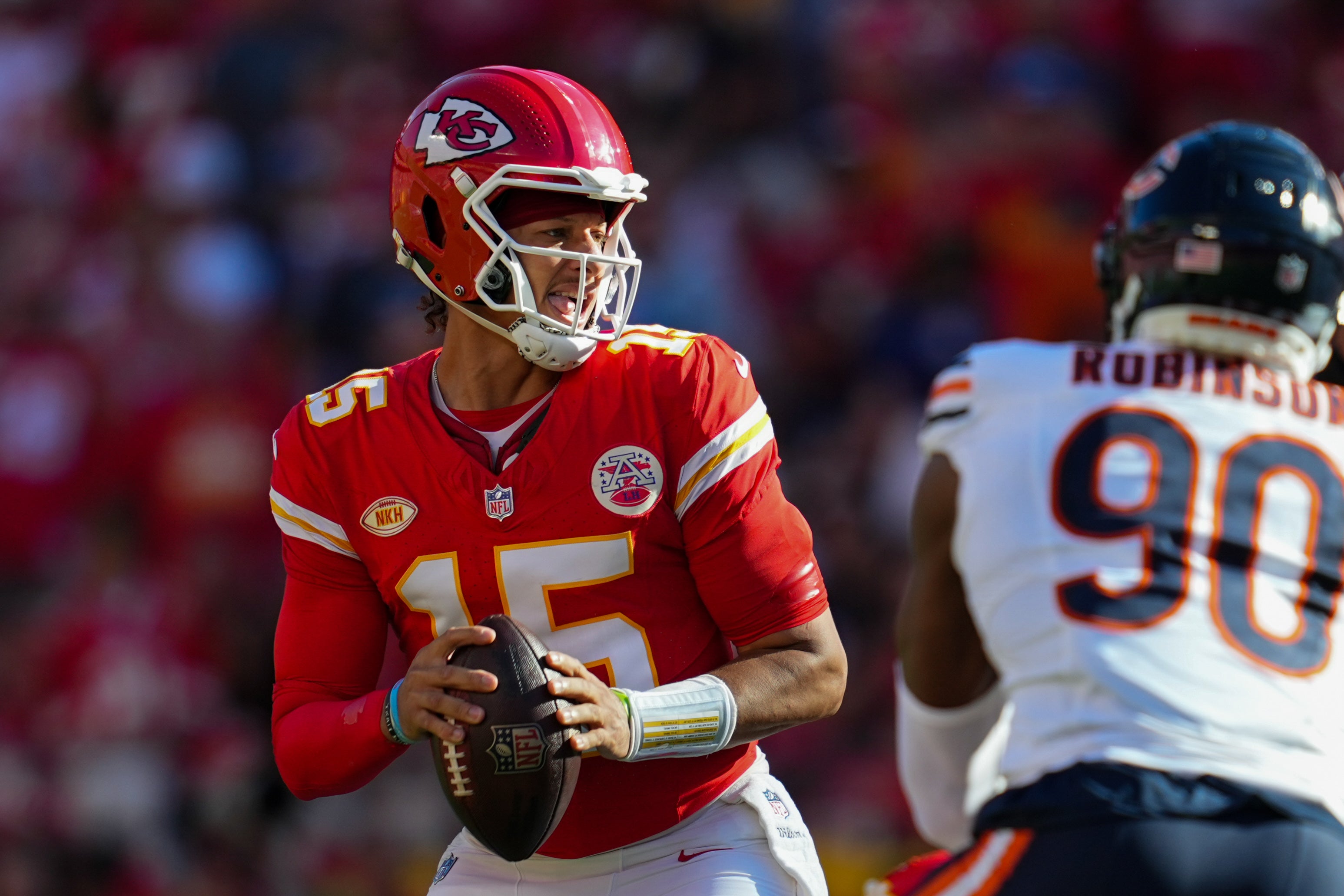 Sep 24, 2023; Kansas City, Missouri, USA; Kansas City Chiefs quarterback Patrick Mahomes (15) during the first half against the Chicago Bears at GEHA Field at Arrowhead Stadium.
