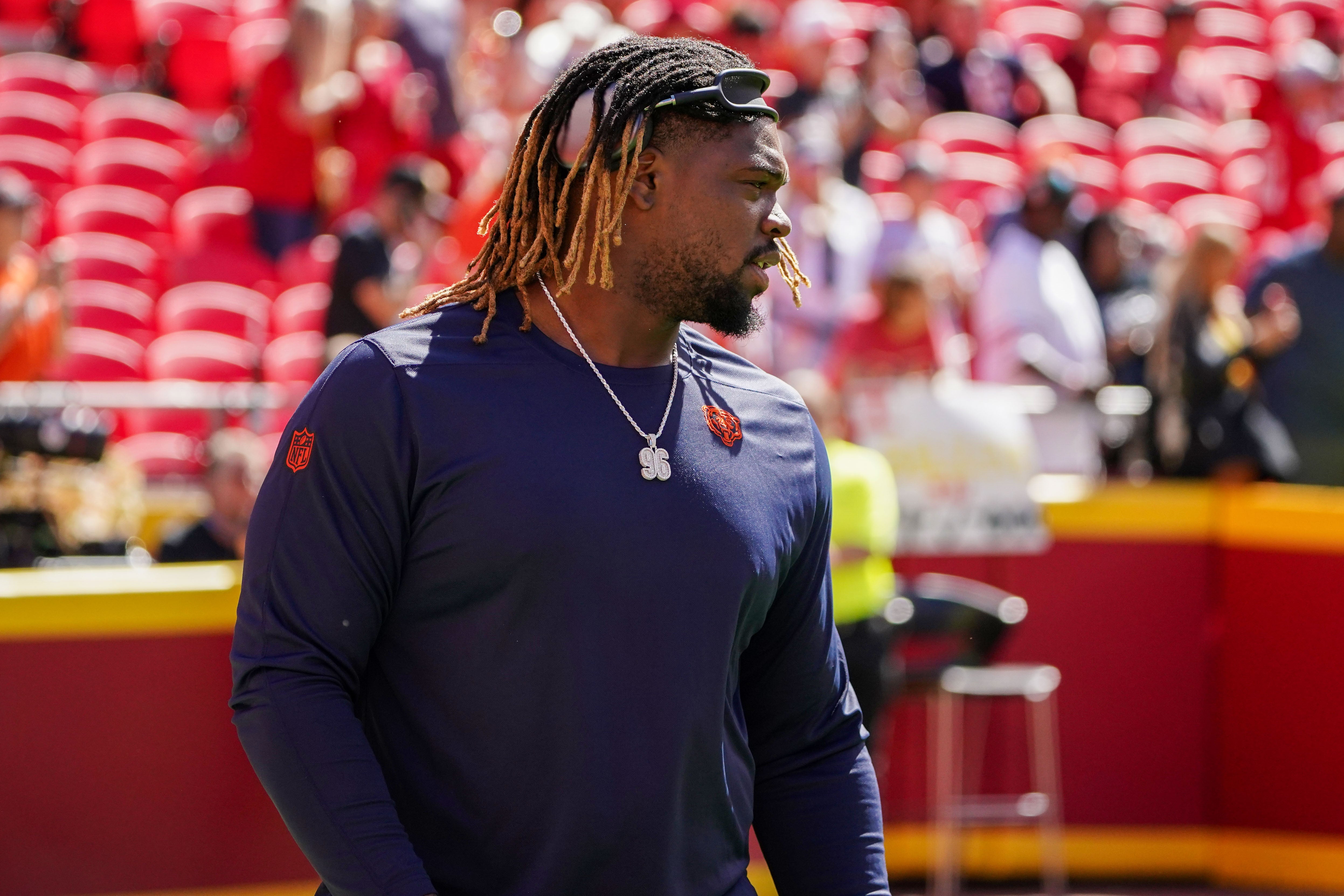 Sep 24, 2023; Kansas City, Missouri, USA; Chicago Bears defensive tackle Zacch Pickens (96) warms up against the Kansas City Chiefs prior to a game at GEHA Field at Arrowhead Stadium.