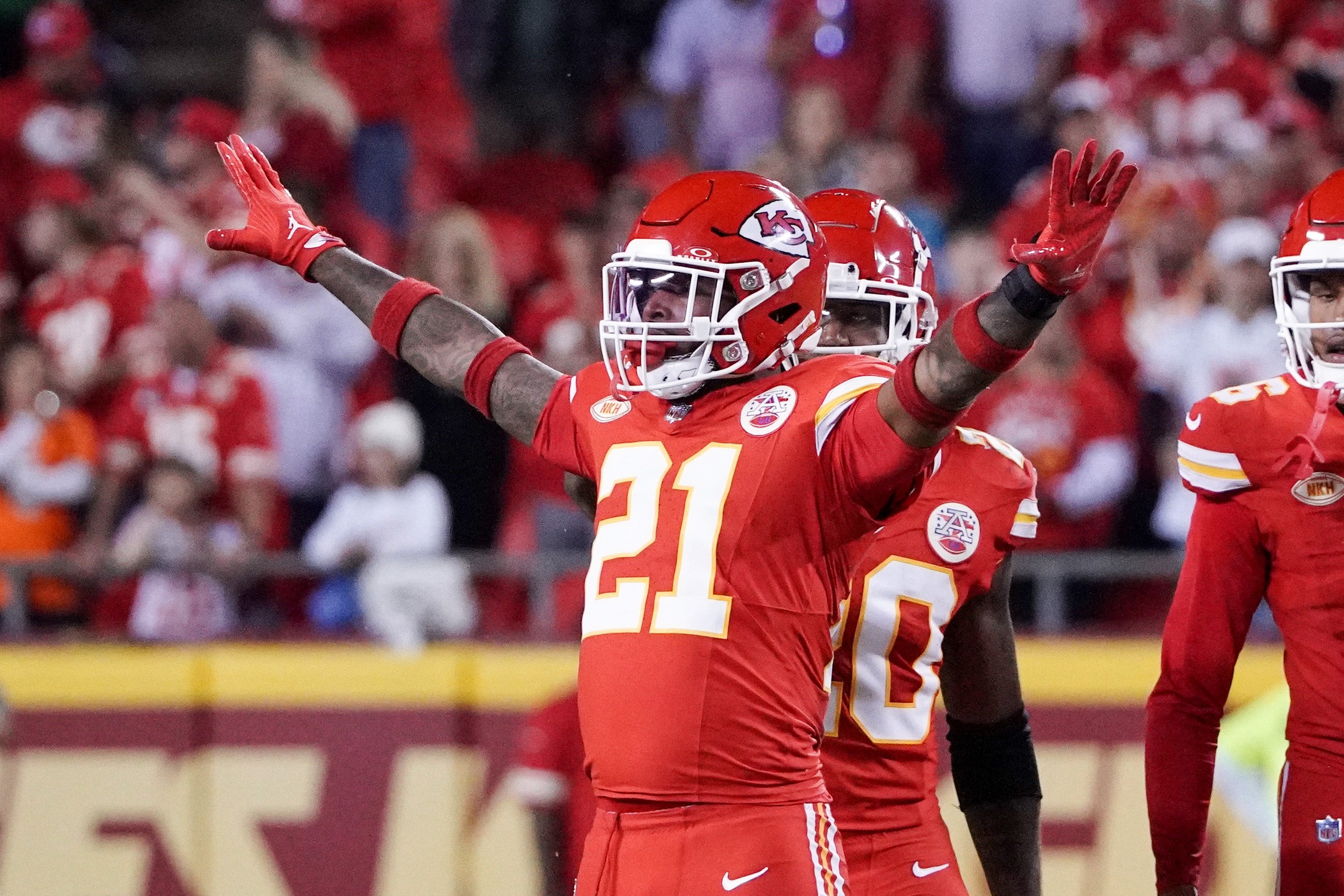 Kansas City Chiefs safety Mike Edwards (21) celebrates after a play against the Denver Broncos during the game at GEHA Field at Arrowhead Stadium.