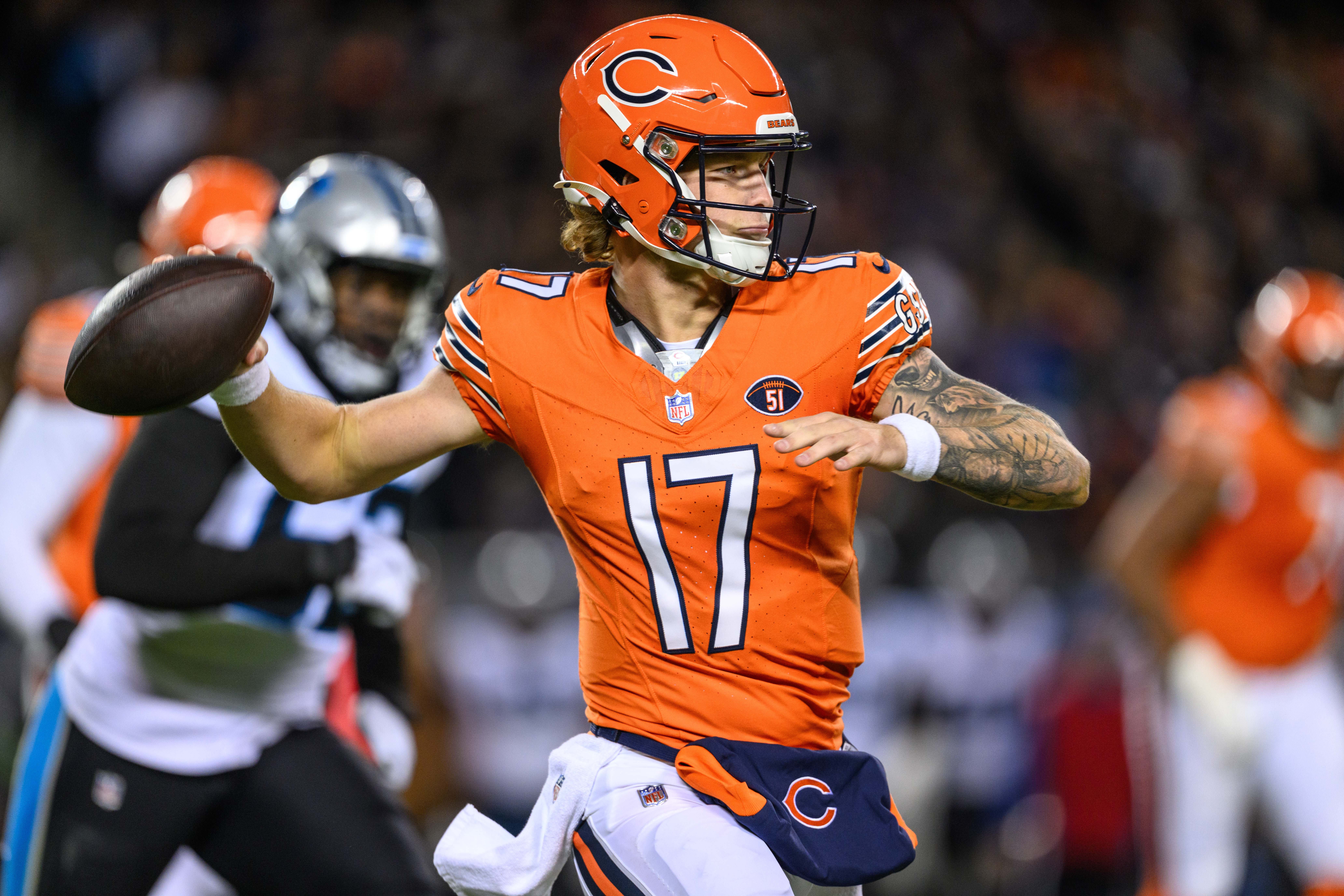 Nov 9, 2023; Chicago, Illinois, USA; Chicago Bears quarterback Tyson Bagent (17) passes the ball against the Carolina Panthers during the second quarter at Soldier Field.