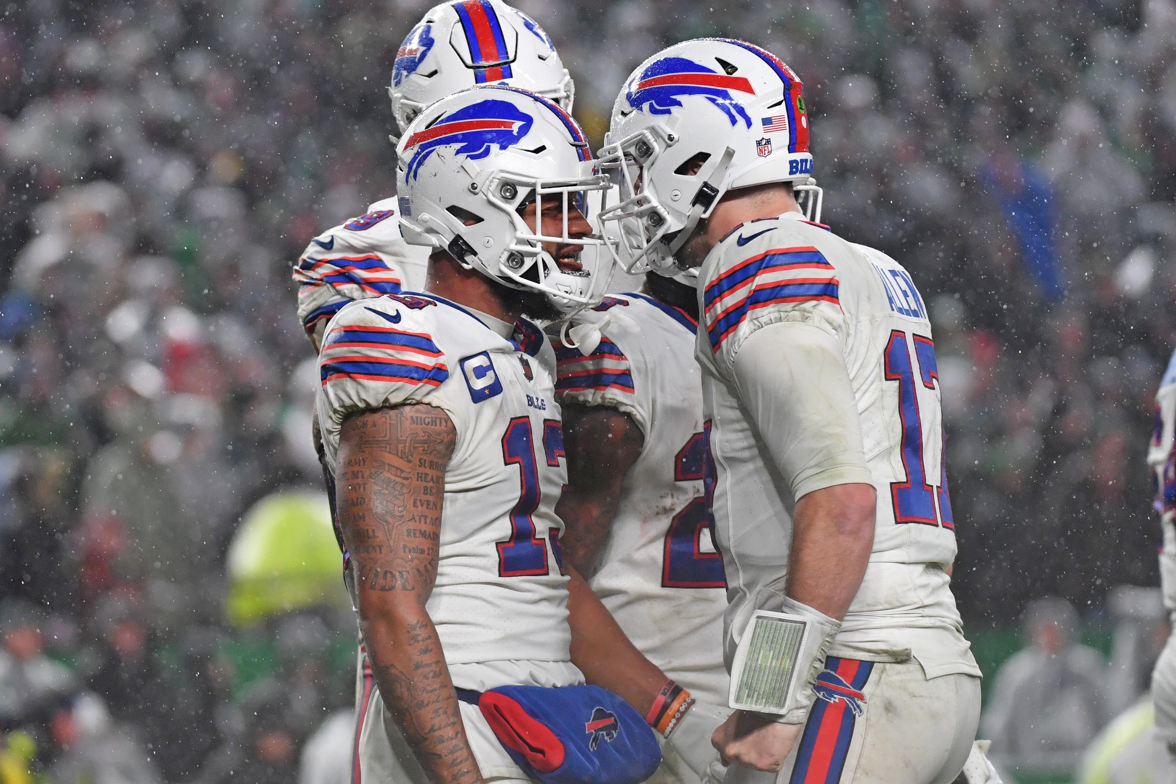Buffalo Bills QB Josh Allen celebrates with former Bills WR Gabe Davis after a touchdown against the Philadelphia Eagles