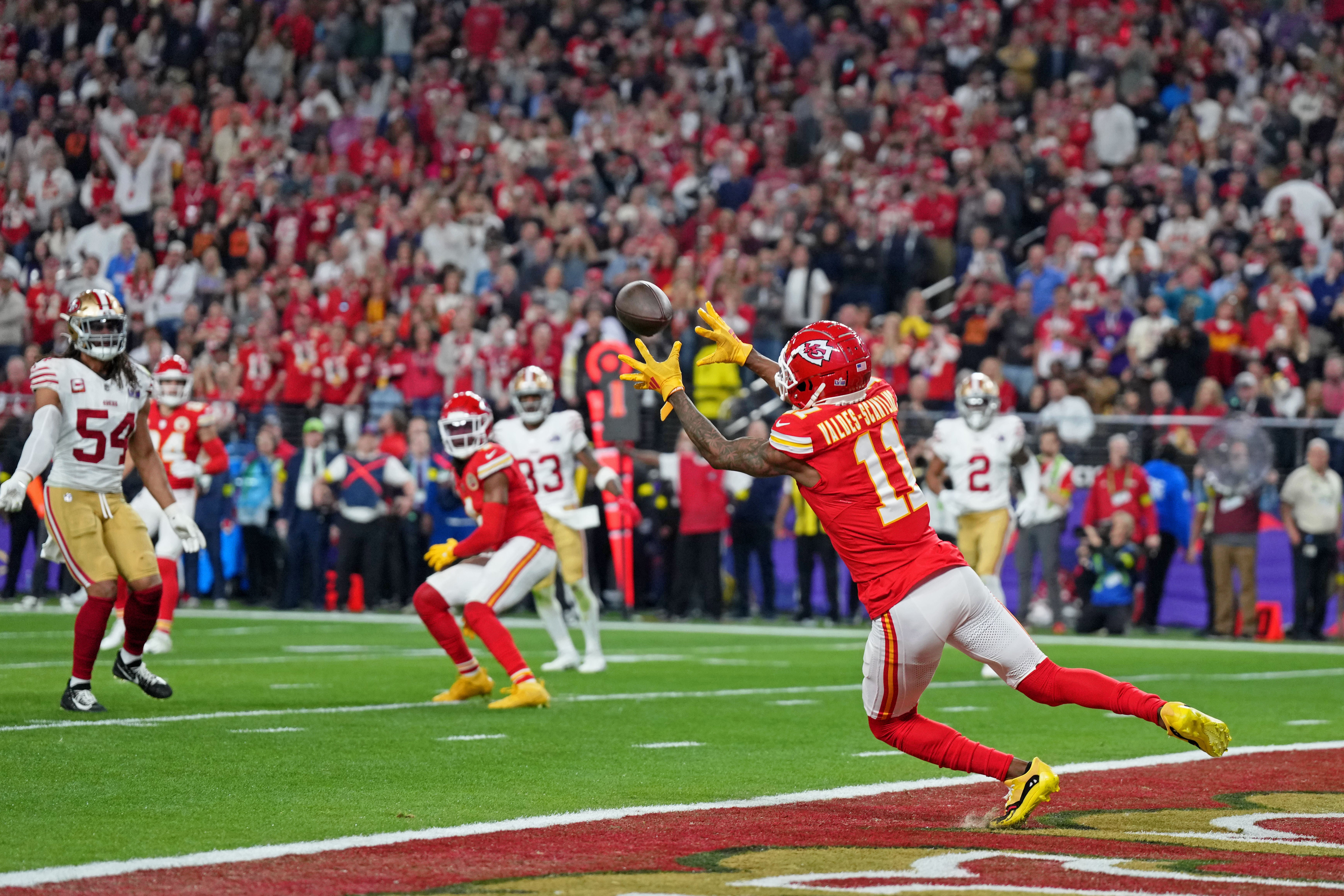 Feb 11, 2024; Paradise, Nevada, USA; Kansas City Chiefs wide receiver Marquez Valdes-Scantling (11) makes a catch for a touchdown against the San Francisco 49ers during the third quarter of Super Bowl LVIII at Allegiant Stadium.
