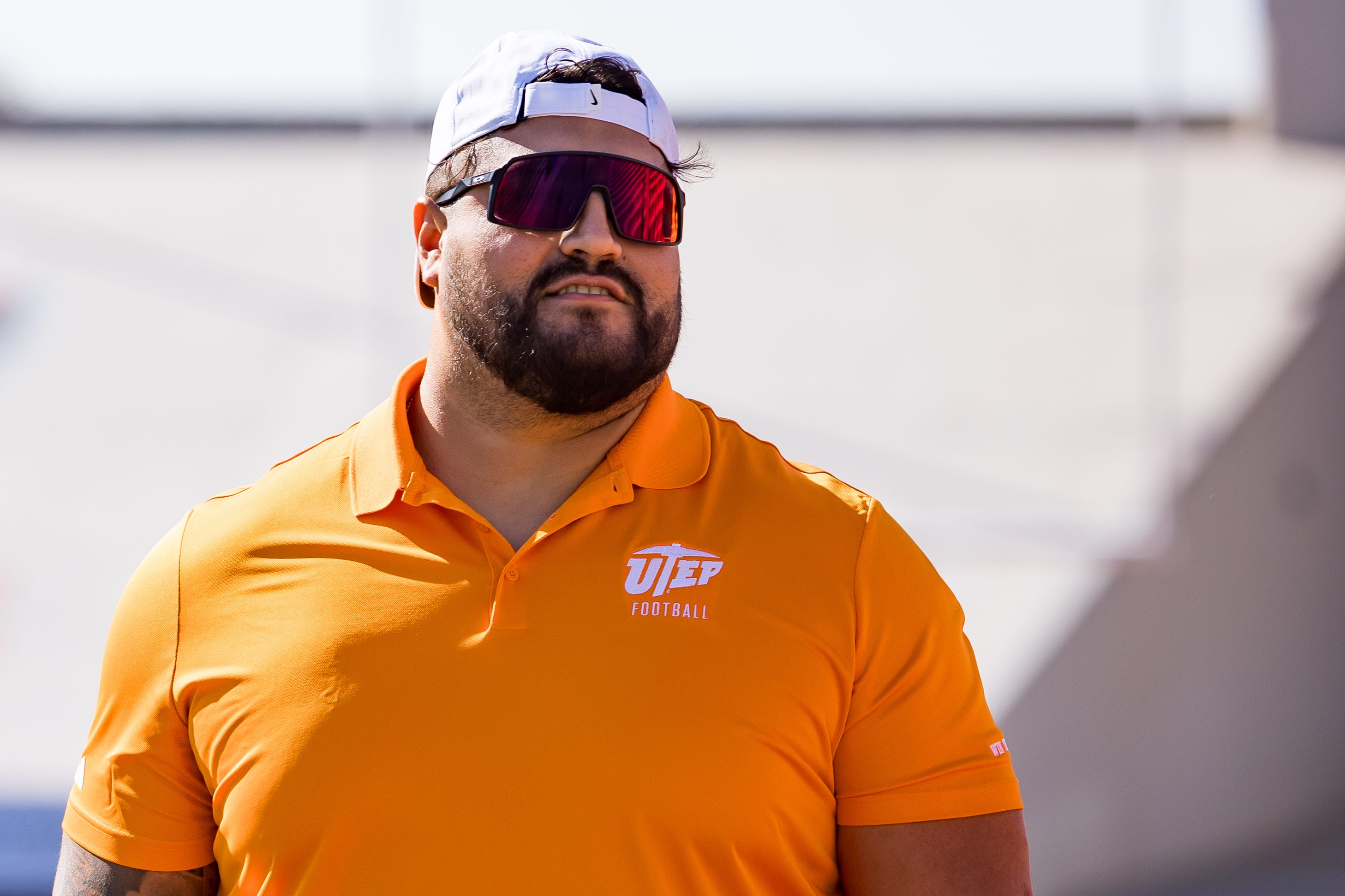Will Hernandez coach for the UTEP football Orange Swarm team before the spring game on Saturday, April 20, 2024, at the Sun Bowl stadium in El Paso, TX.