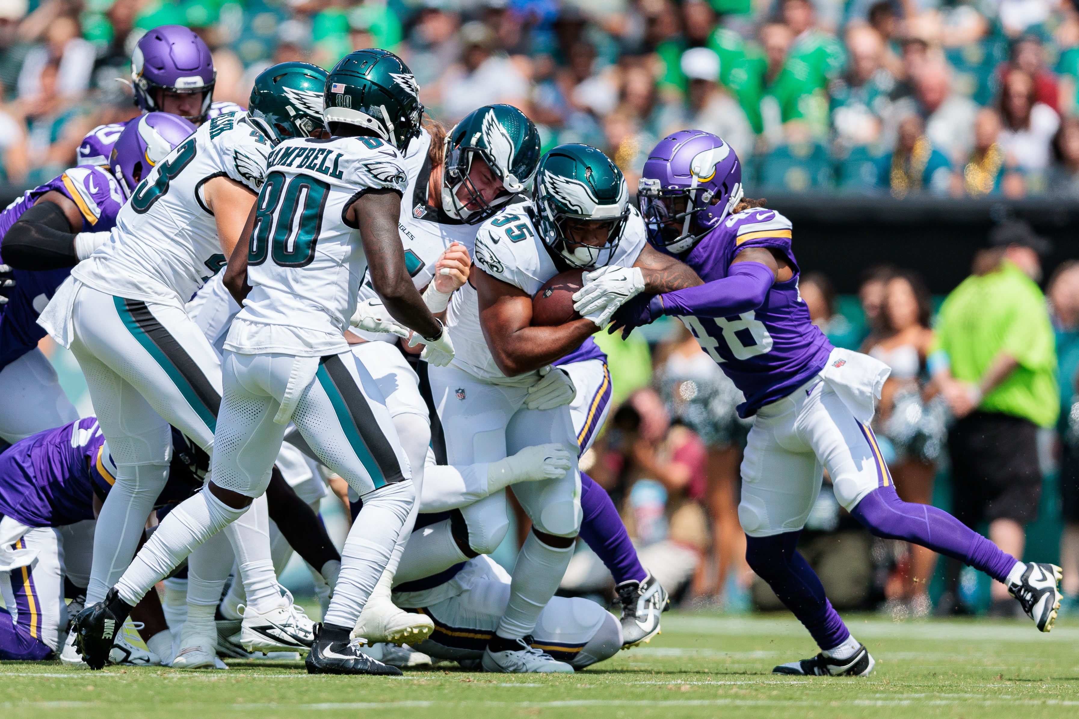 Aug 24, 2024; Philadelphia, Pennsylvania, USA; Philadelphia Eagles running back Tyrion Davis-Price (35) runs the ball during the first quarter against the Minnesota Vikings at Lincoln Financial Field.