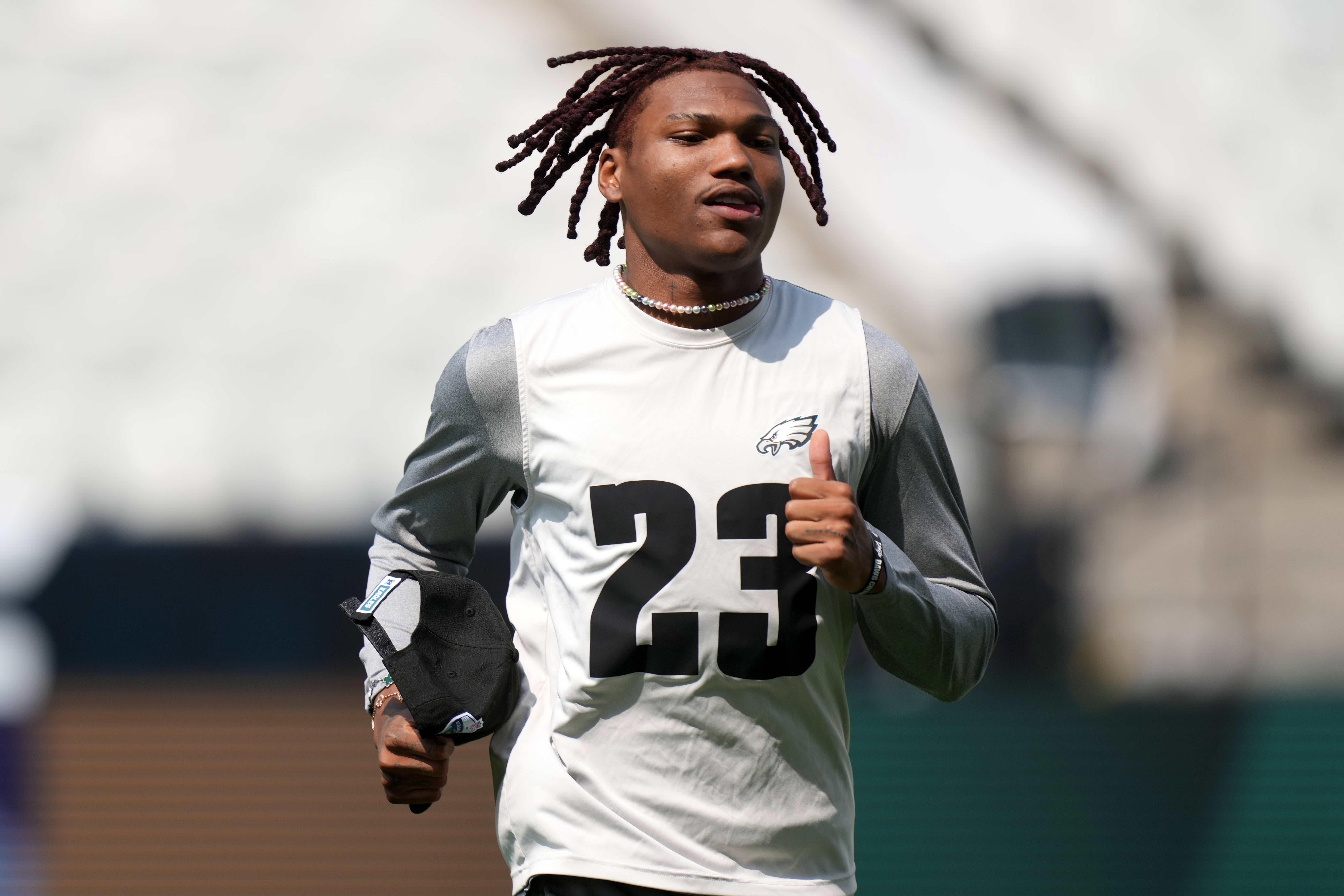 Sep 5, 2024; Sao Paolo, Brazil; Philadelphia Eagles cornerback Eli Ricks (23) during practice at the Neo Quimica Arena. Mandatory Credit: Kirby Lee-Imagn Images