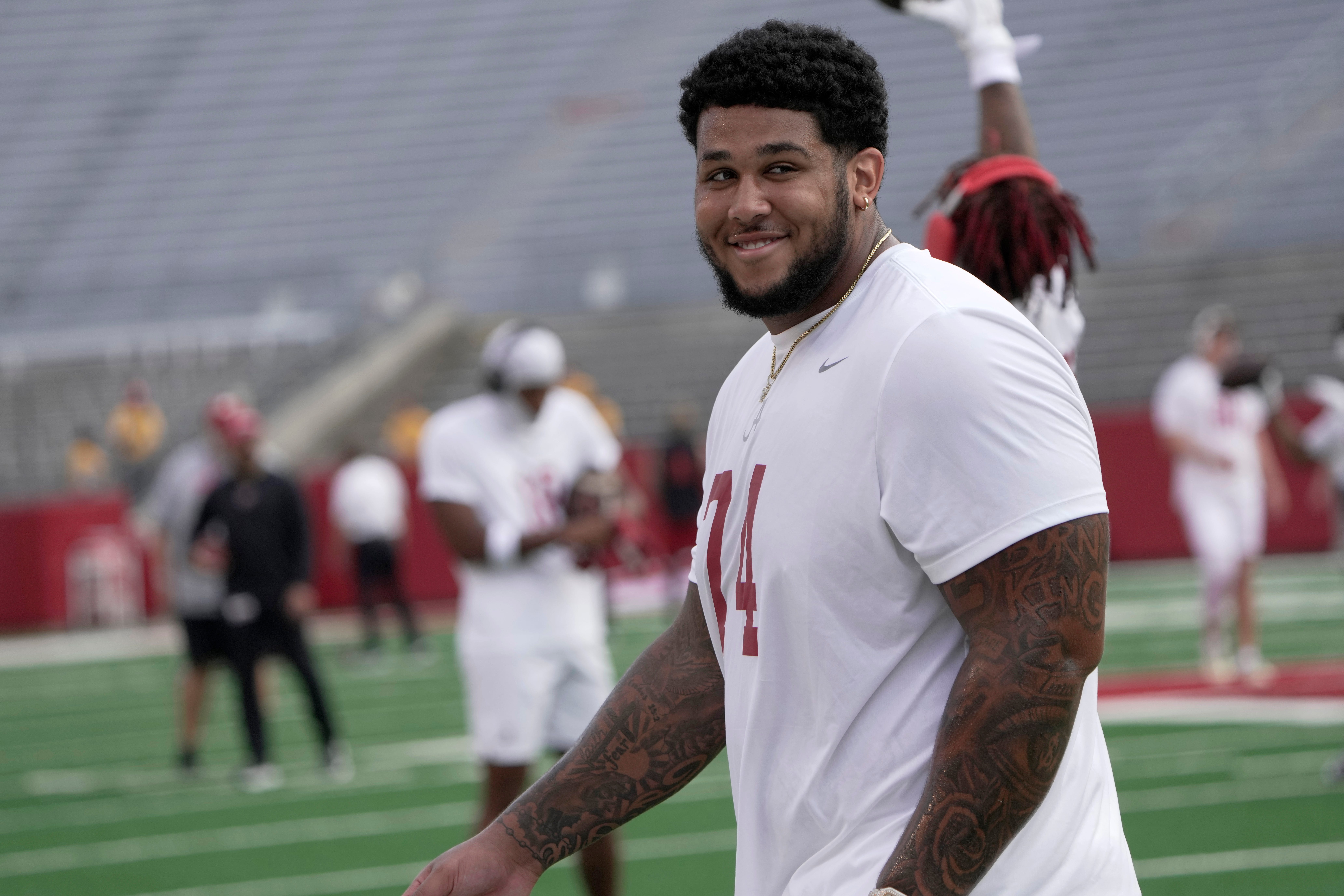 Alabama offensive lineman Kadyn Proctor (74) is shown before their game against Wisconsin Saturday, September 14, 2024 at Camp Randall Stadium in Madison, Wisconsin.