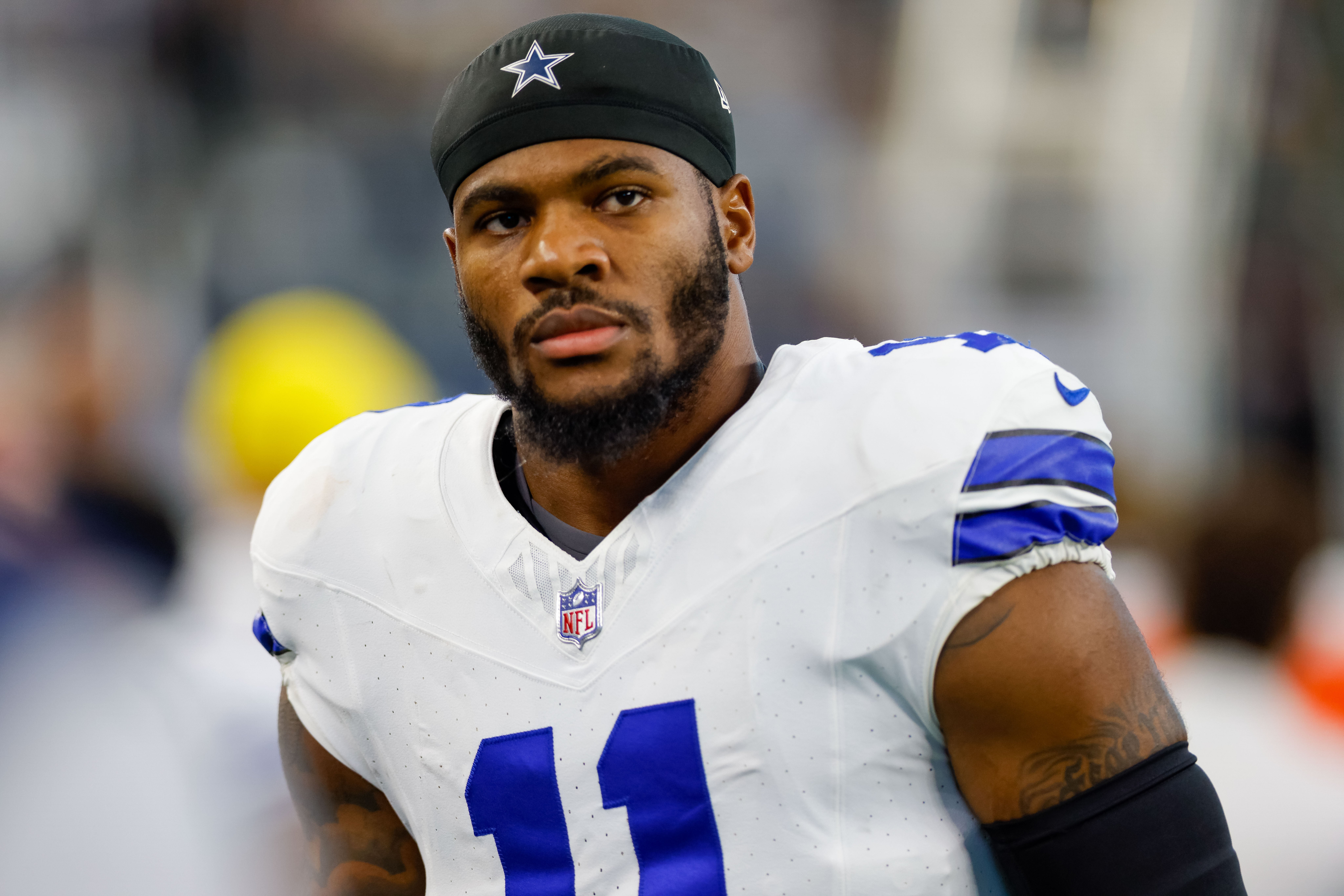 Sep 22, 2024; Arlington, Texas, USA; Dallas Cowboys linebacker Micah Parsons (11) looks on prior to the game against the Baltimore Ravens at AT&T Stadium.