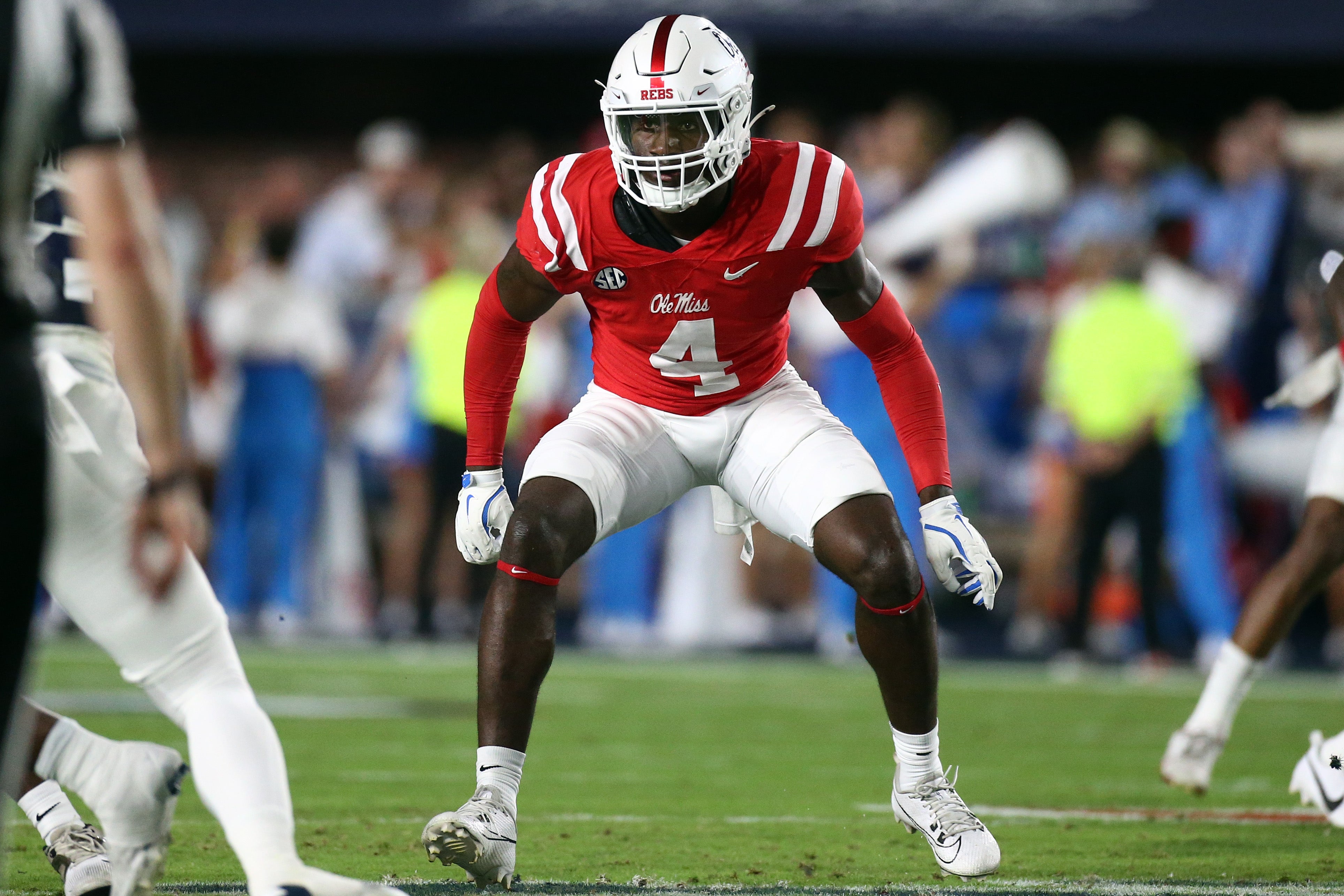 Sep 21, 2024; Oxford, Mississippi, USA; Mississippi Rebels linebacker Suntarine Perkins (4) rushes during the first half against the Georgia Southern Eagles at Vaught-Hemingway Stadium.