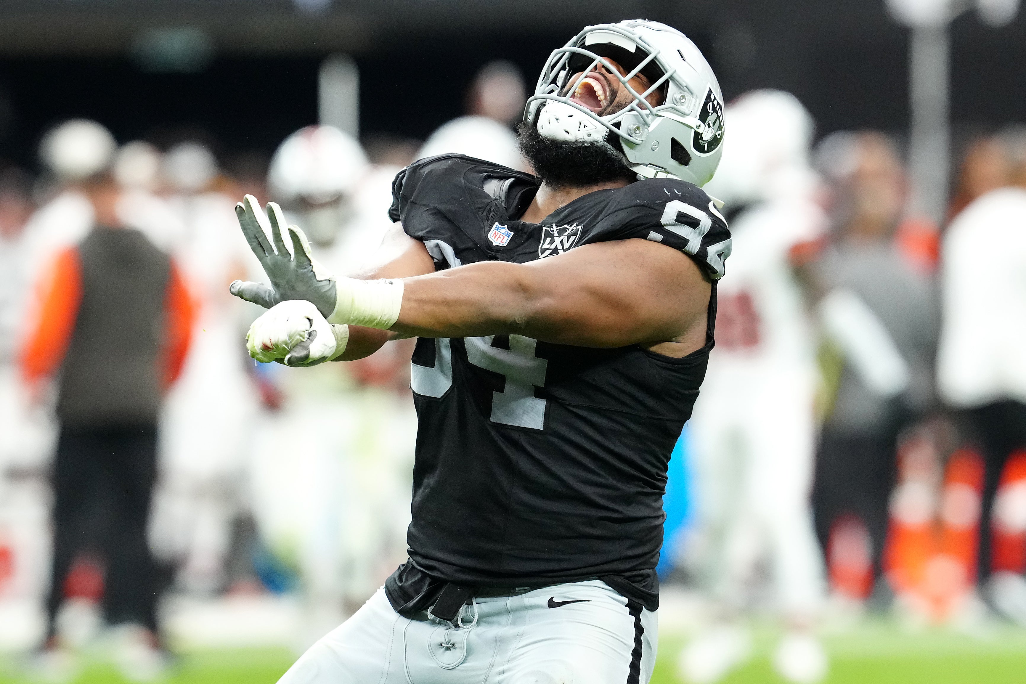 Sep 29, 2024; Paradise, Nevada, USA; Las Vegas Raiders defensive tackle Christian Wilkins (94) celebrates after getting a sack against the Cleveland Browns during the third quarter at Allegiant Stadium.