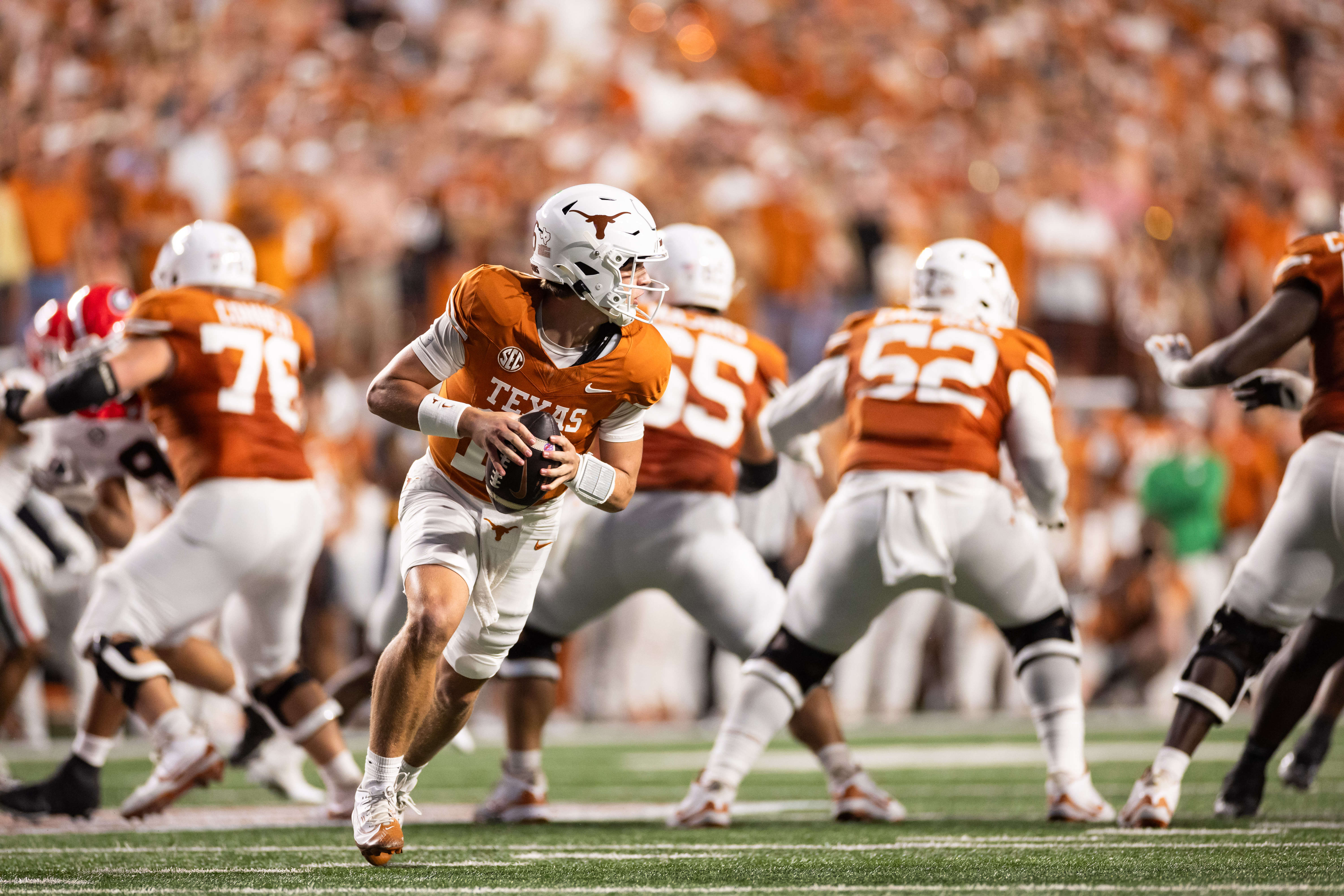 Oct 19, 2024; Austin, Texas, USA; Texas Longhorns quarterback Arch Manning (16) drops back to pass in the second quarter against the Georgia Bulldogs at Darrell K Royal-Texas Memorial Stadium.
