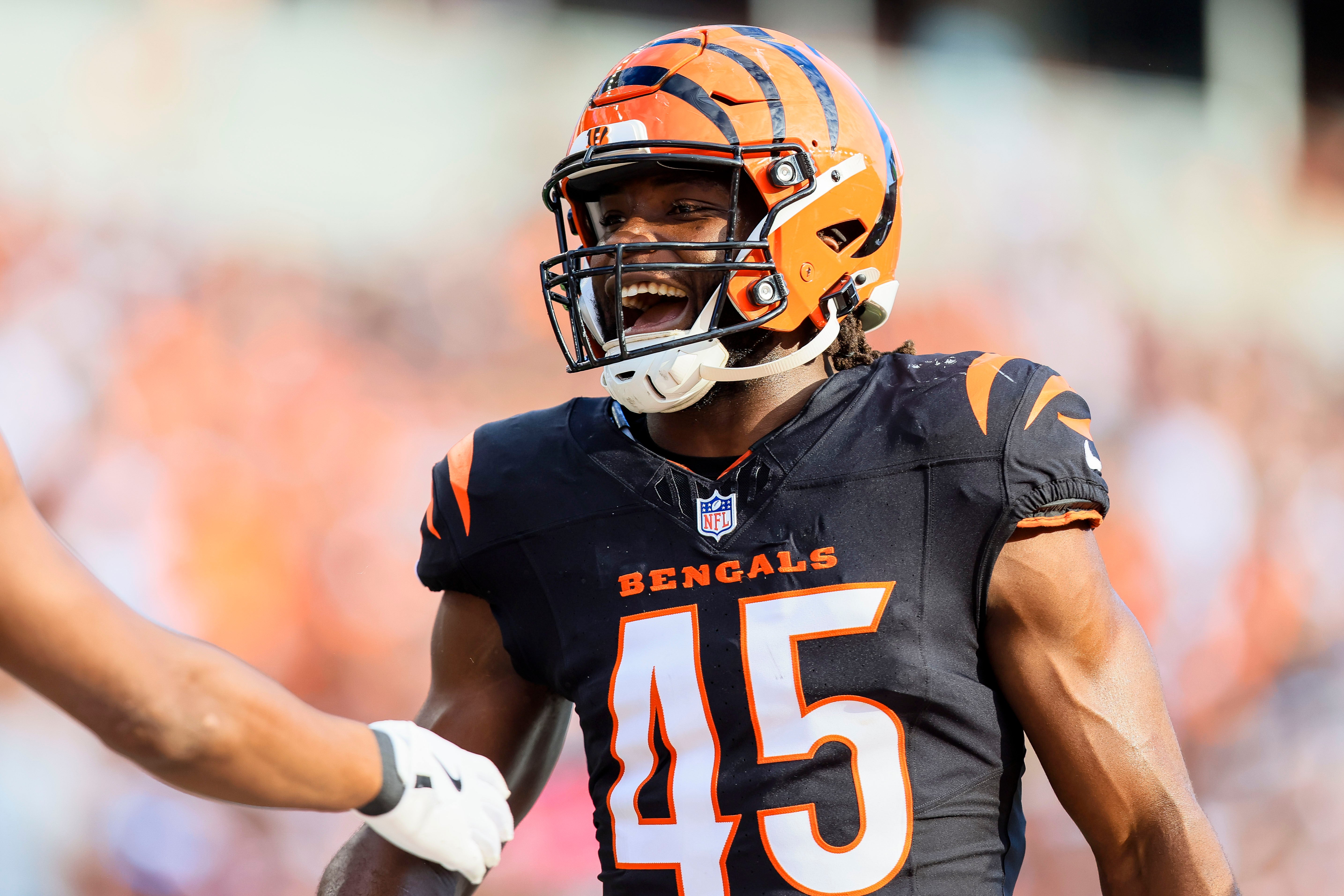 Nov 3, 2024; Cincinnati, Ohio, USA; Cincinnati Bengals linebacker Maema Njongmeta (45) reacts after a play against the Las Vegas Raiders in the second half at Paycor Stadium.