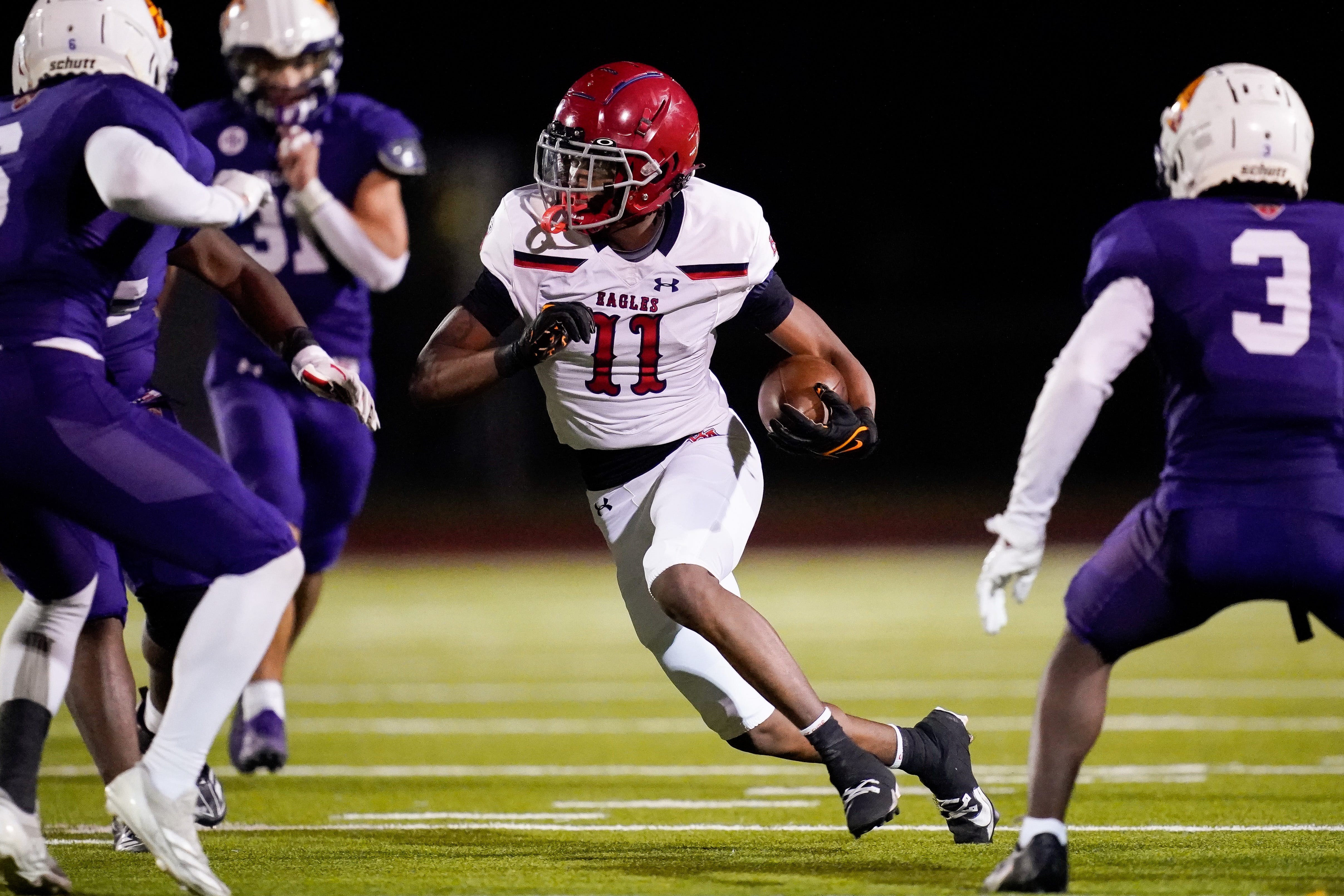 Brentwood Academy's Kesean Bowman (11) runs the ball against Father Ryan during the third quarter at Father Ryan High School in Nashville, Tenn., Friday, Nov. 15, 2024.