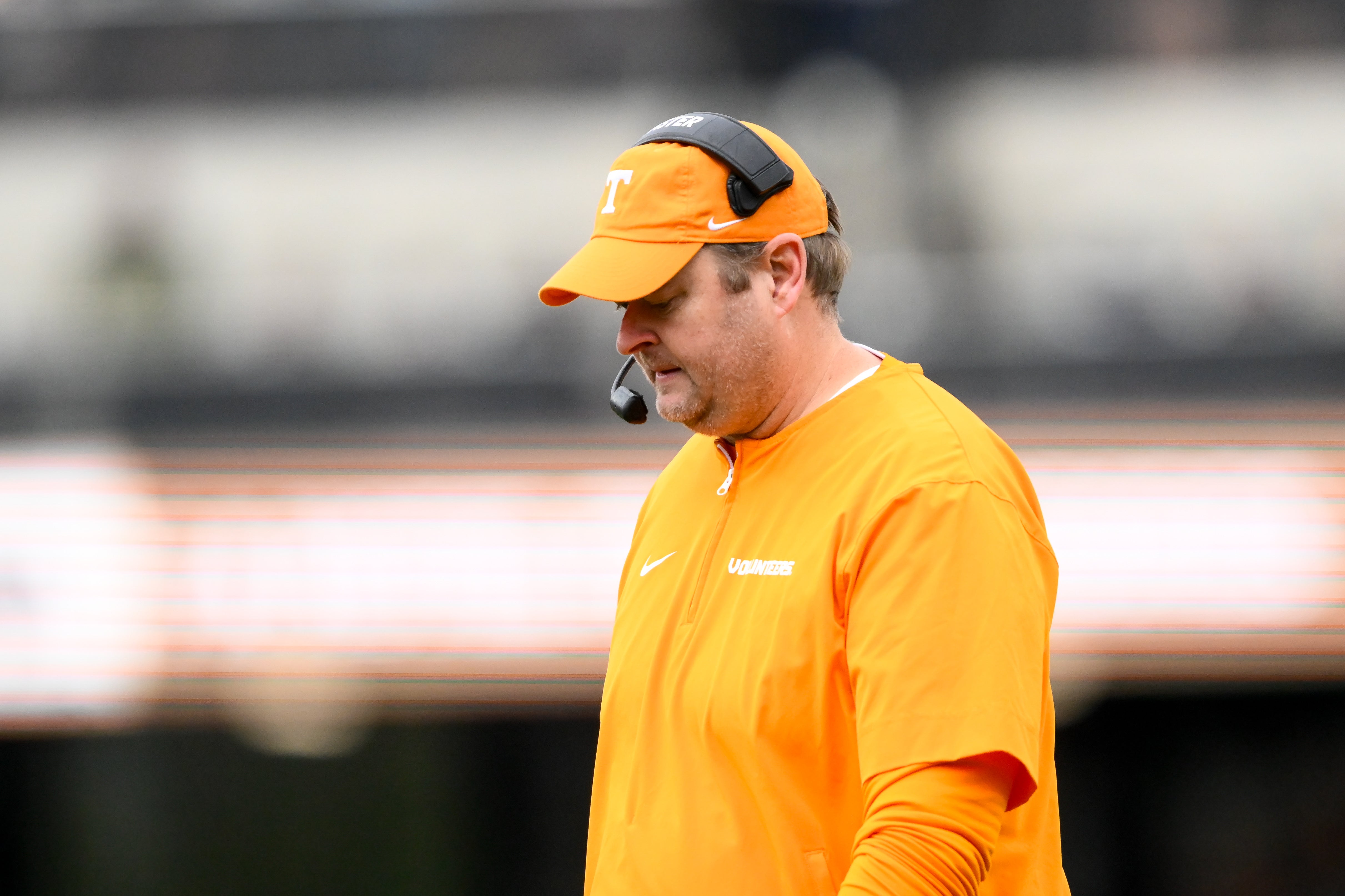 Nov 30, 2024; Nashville, Tennessee, USA; Tennessee Volunteers head coach Josh Heupel paces the sidelines against the Vanderbilt Commodores during the first half at FirstBank Stadium.