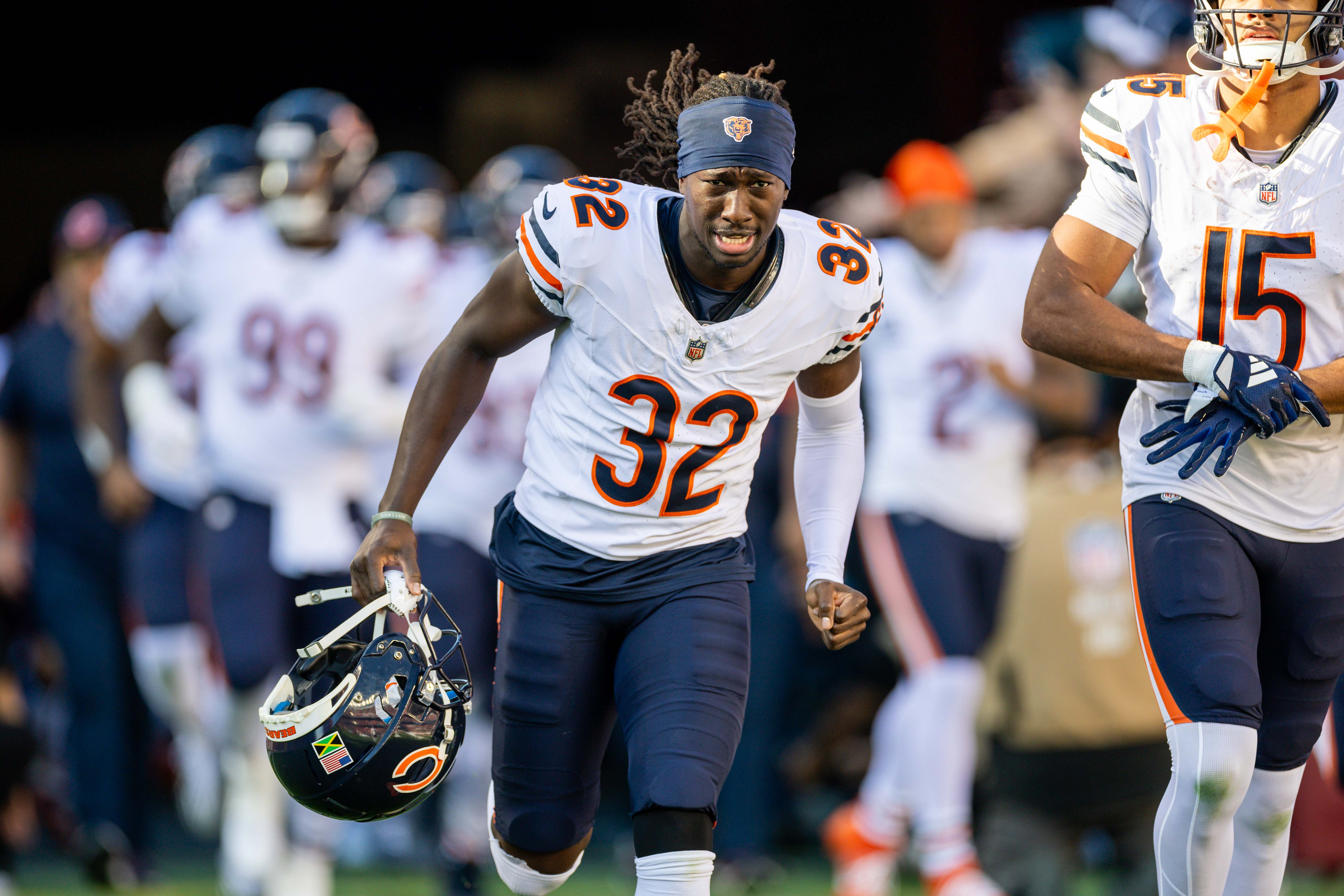 Dec 8, 2024; Santa Clara, California, USA; Chicago Bears cornerback Terell Smith (32) runs onto the field before the game against the San Francisco 49ers at Levi's Stadium.