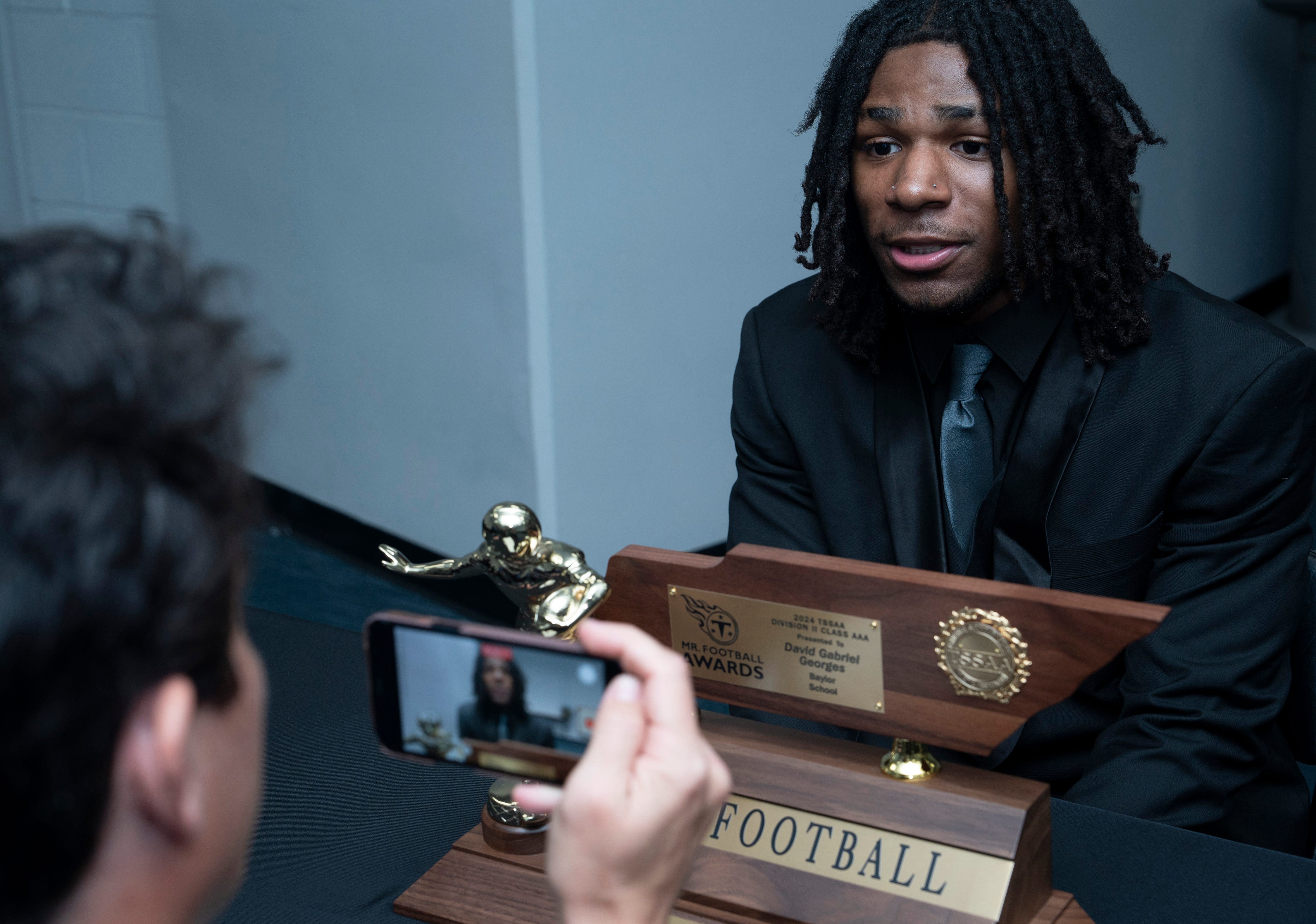 Division II - Class AAA 2024 Tennessee Titans Mr. Football David Gabriel Georges, Baylor School, is interviewed during the Titans Mr. Football Awards at Nissan Stadium in Nashville, Tenn., Tuesday, Dec. 10, 2024.