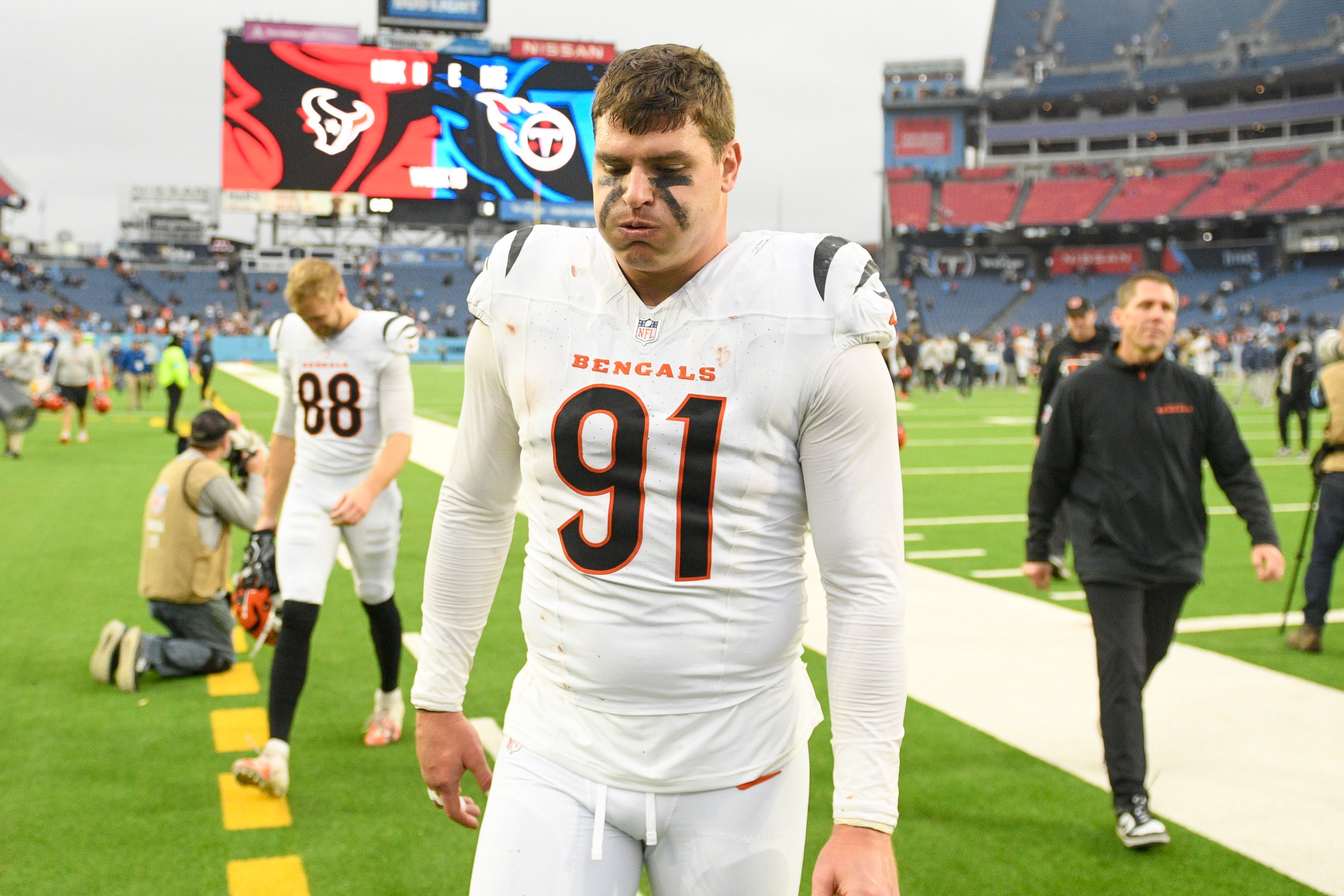 Dec 15, 2024; Nashville, Tennessee, USA; Cincinnati Bengals defensive end Trey Hendrickson (91) exhales as he leaves the field against the Tennessee Titans post game at Nissan Stadium.