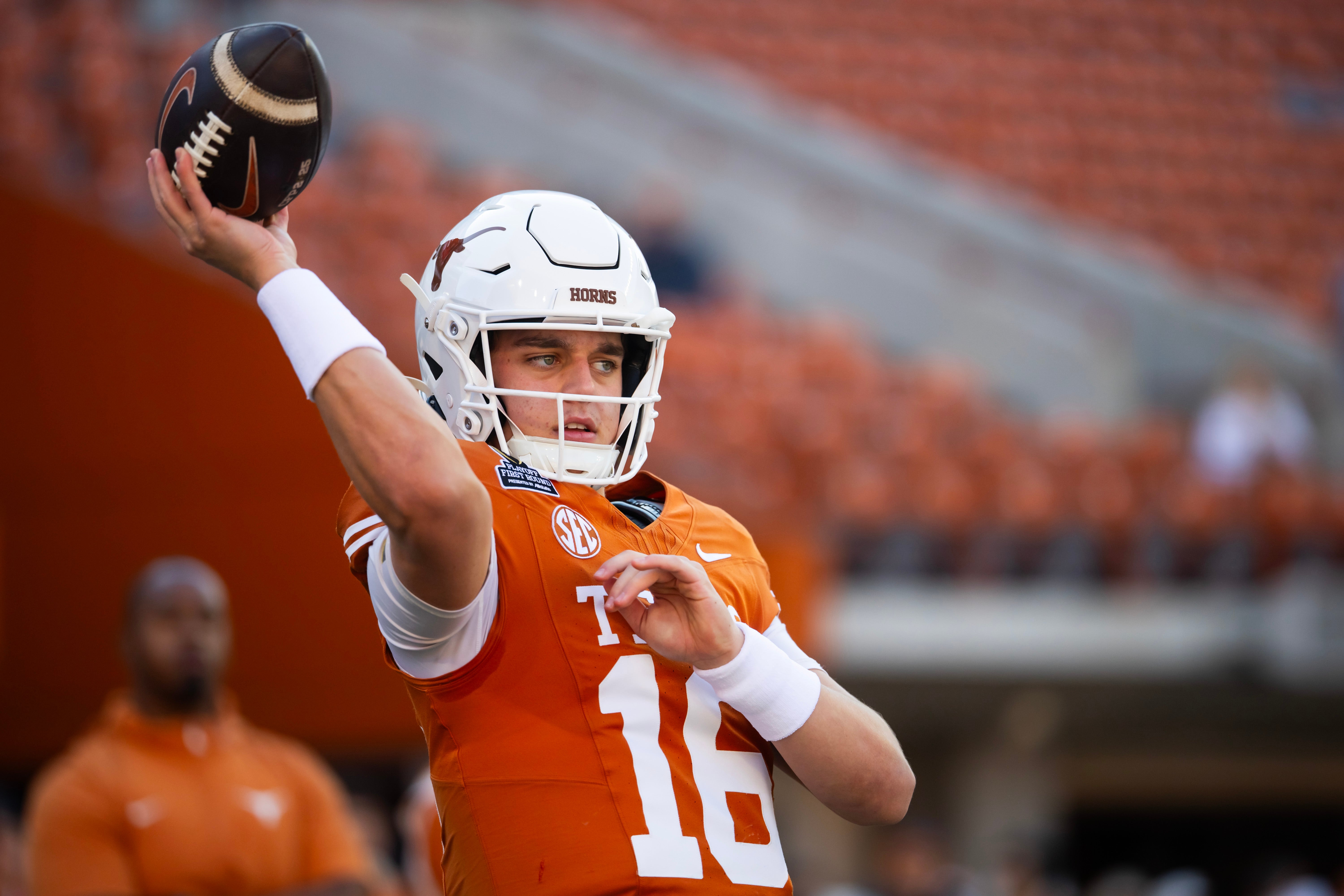 Dec 21, 2024; Austin, Texas, USA; Texas Longhorns quarterback Arch Manning (16) against the Clemson Tigers during the CFP National playoff first round at Darrell K Royal-Texas Memorial Stadium.