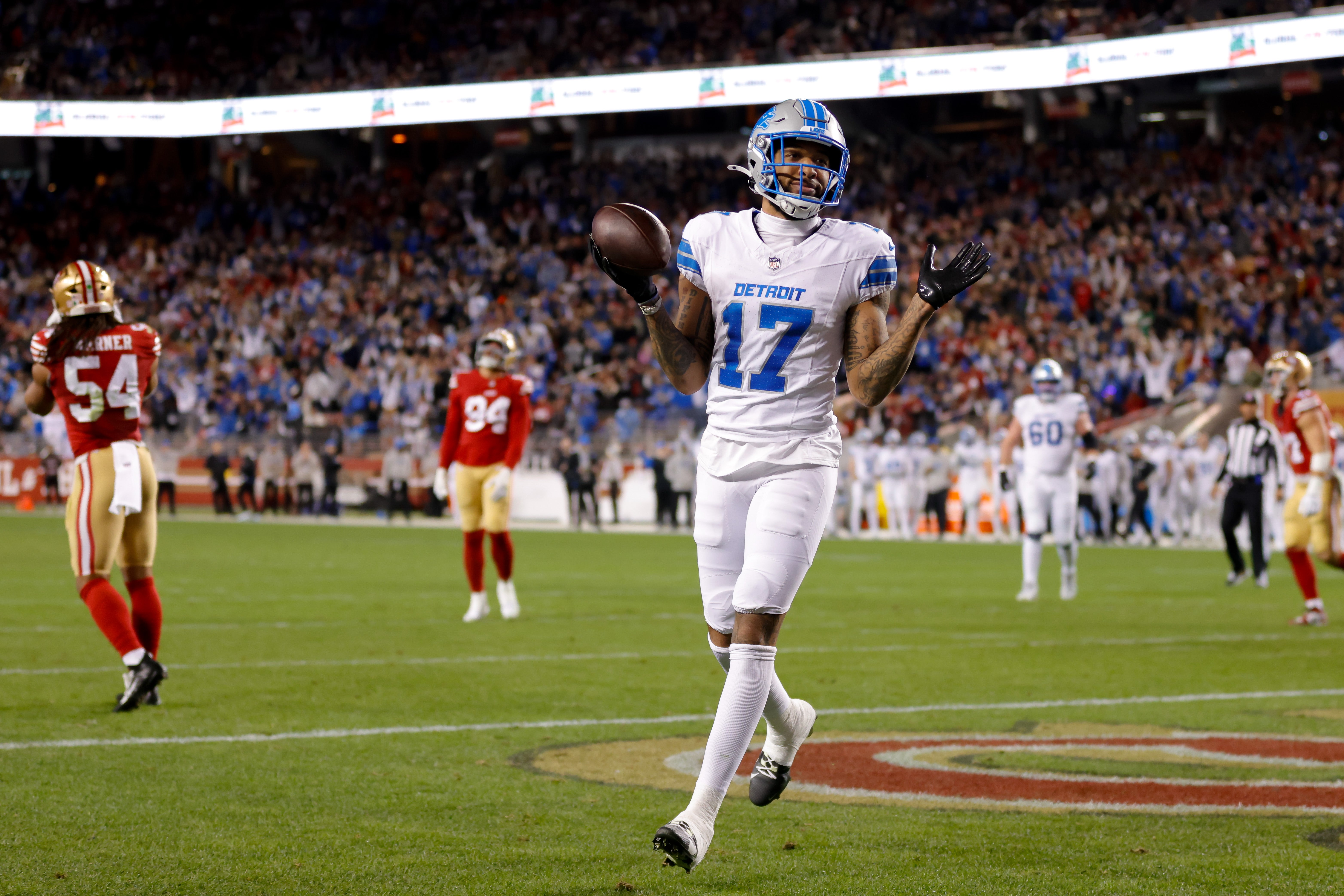 Dec 30, 2024; Santa Clara, California, USA; Detroit Lions wide receiver Tim Patrick (17) celebrates after a play during the third quarter against the San Francisco 49ers at Levi's Stadium.