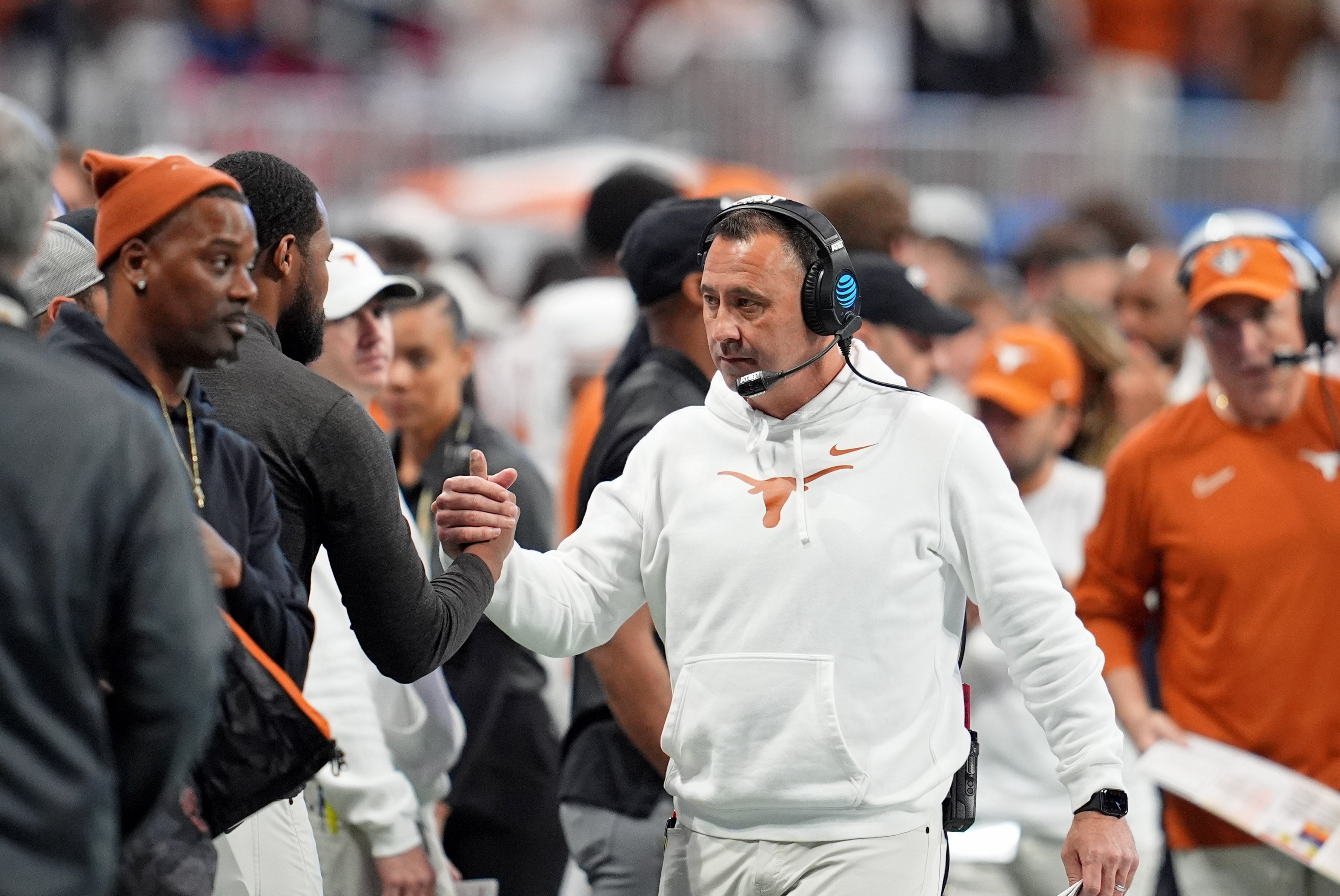Jan 1, 2025; Atlanta, GA, USA; Texas Longhorns head coach Steve Sarkisian during the first half of the Peach Bowl at Mercedes-Benz Stadium.