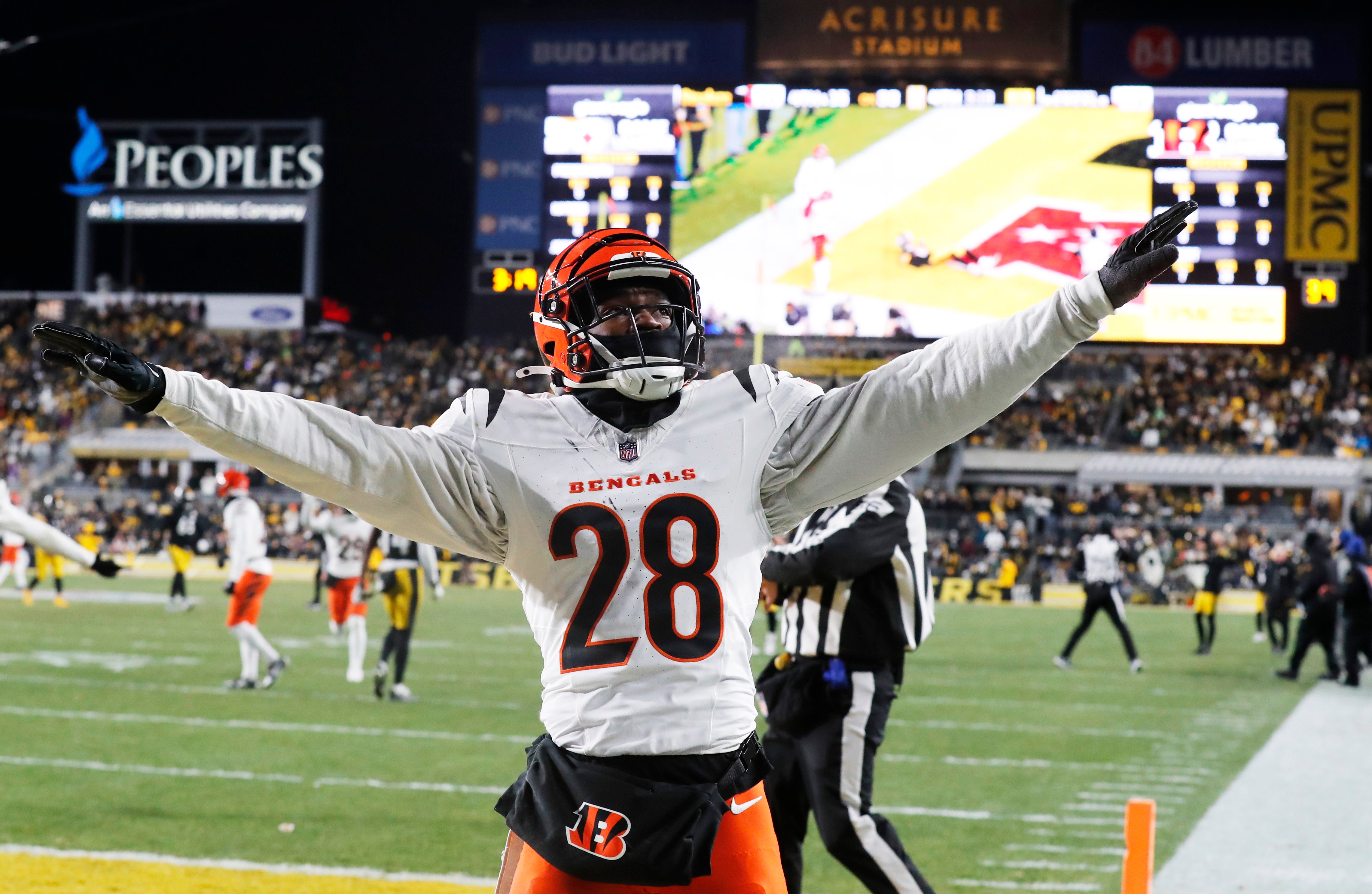 Jan 4, 2025; Pittsburgh, Pennsylvania, USA; Cincinnati Bengals cornerback Josh Newton (28) reacts after breaking up a pass in the end-zone against the Pittsburgh Steelers during the fourth quarter at Acrisure Stadium.