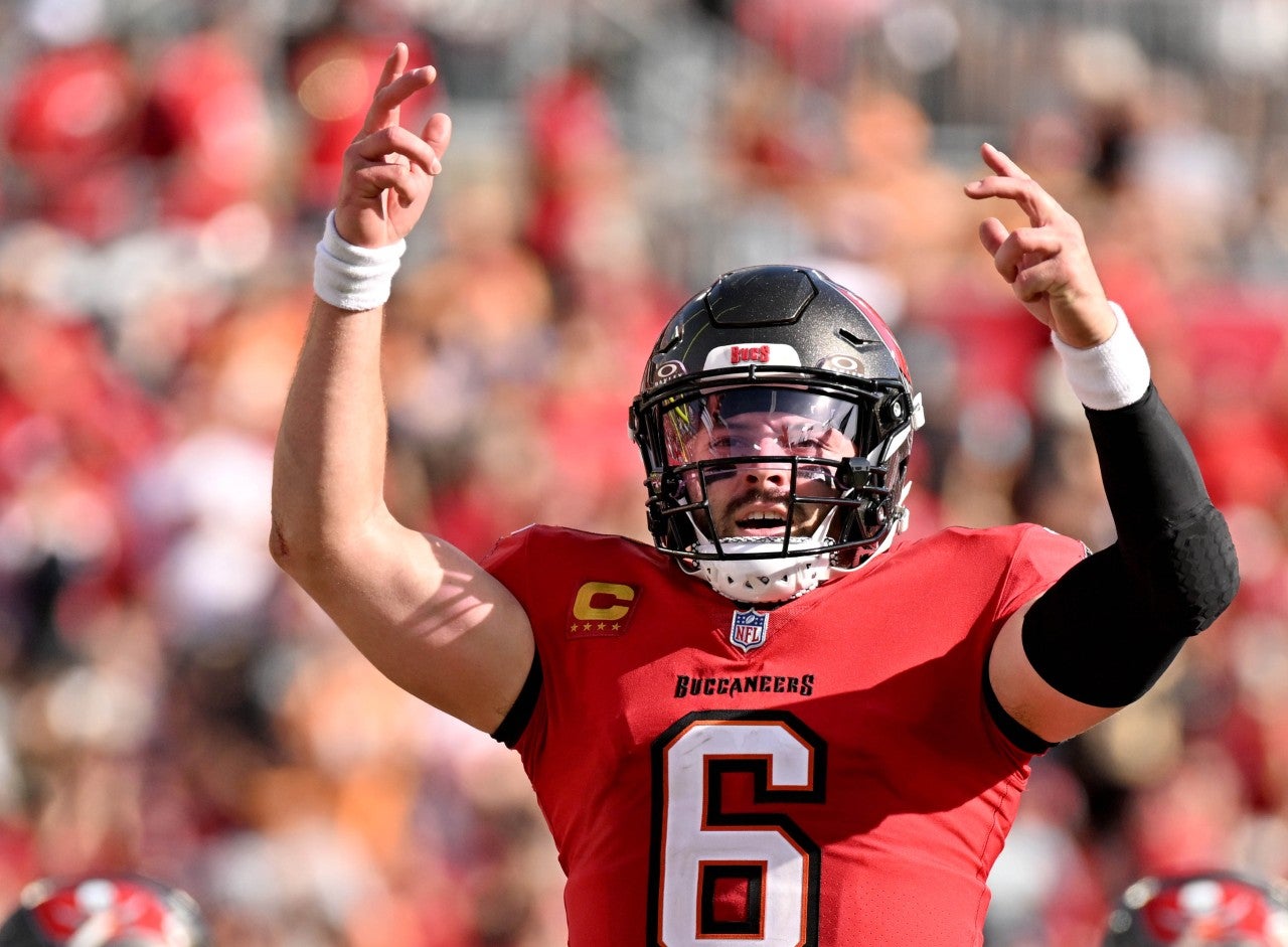Jan 5, 2025; Tampa, Florida, USA; Tampa Bay Buccaneers quarterback Baker Mayfield (6) celebrates after throwing a touchdown pass in the second half against the New Orleans Saints at Raymond James Stadium.
