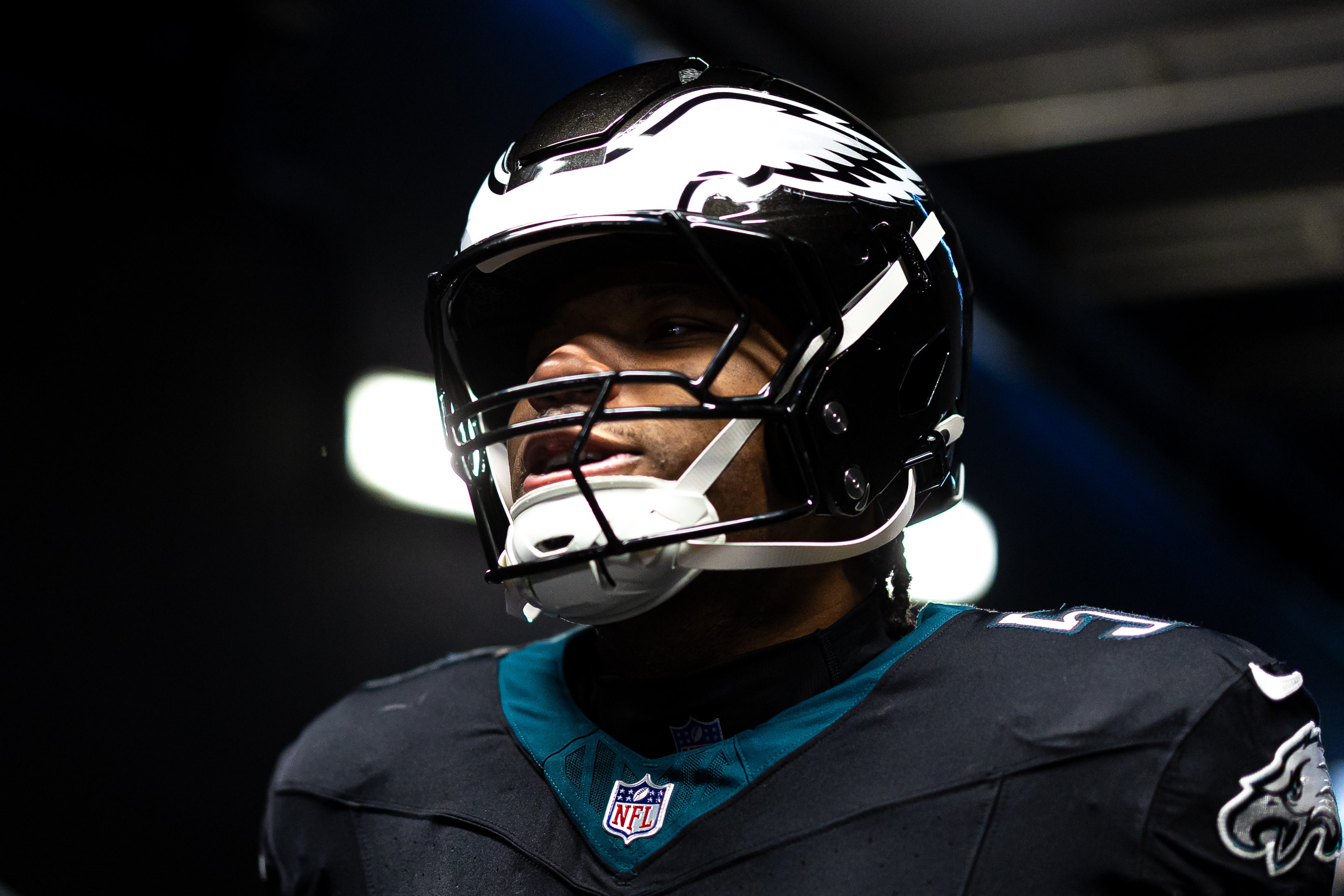 Philadelphia Eagles guard Tyler Steen (56) in the tunnel before a game against the New York Giants at Lincoln Financial Field.