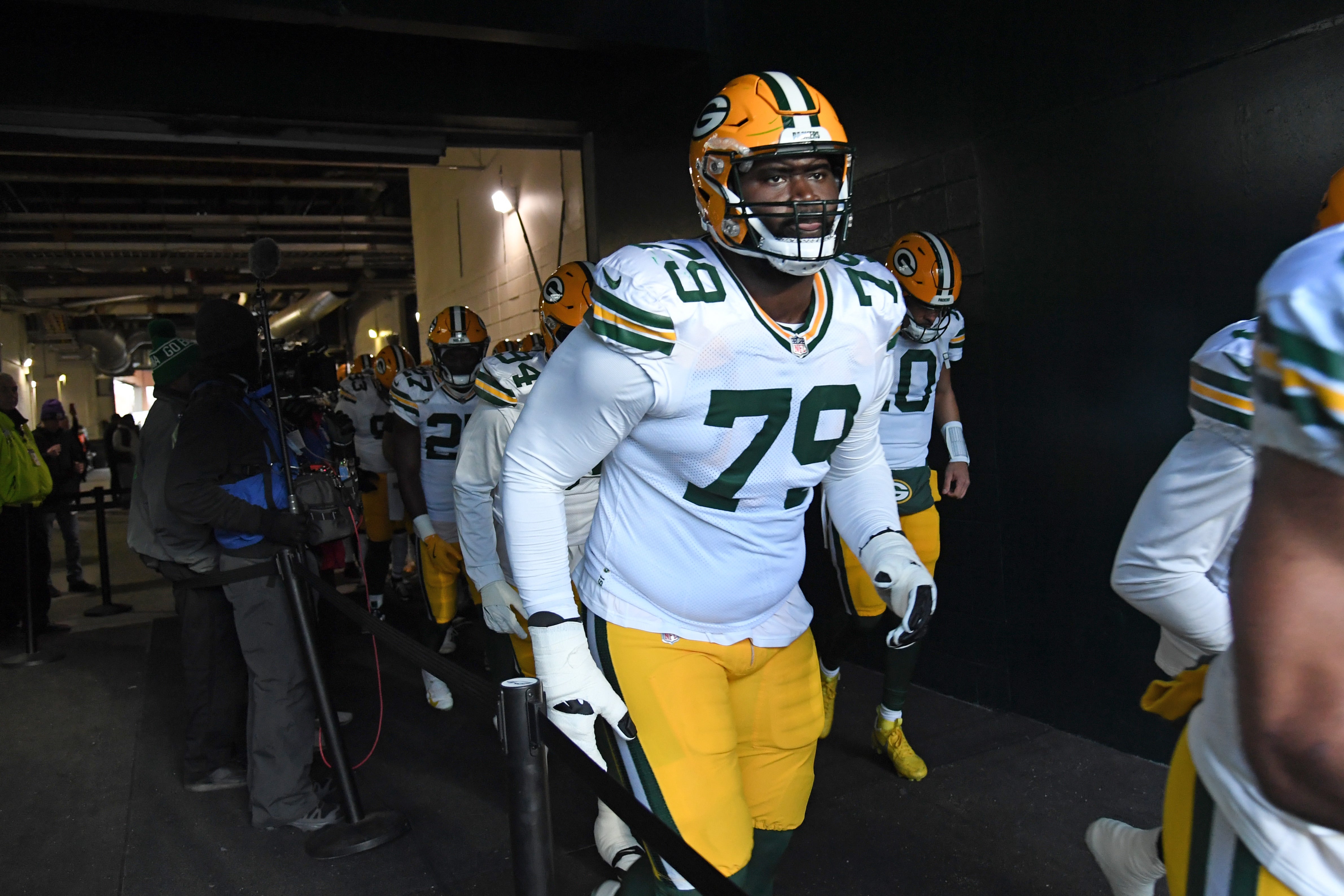 Jan 12, 2025; Philadelphia, Pennsylvania, USA; Green Bay Packers offensive tackle Travis Glover (79) in the tunnel against the Philadelphia Eagles in an NFC wild card game at Lincoln Financial Field.
