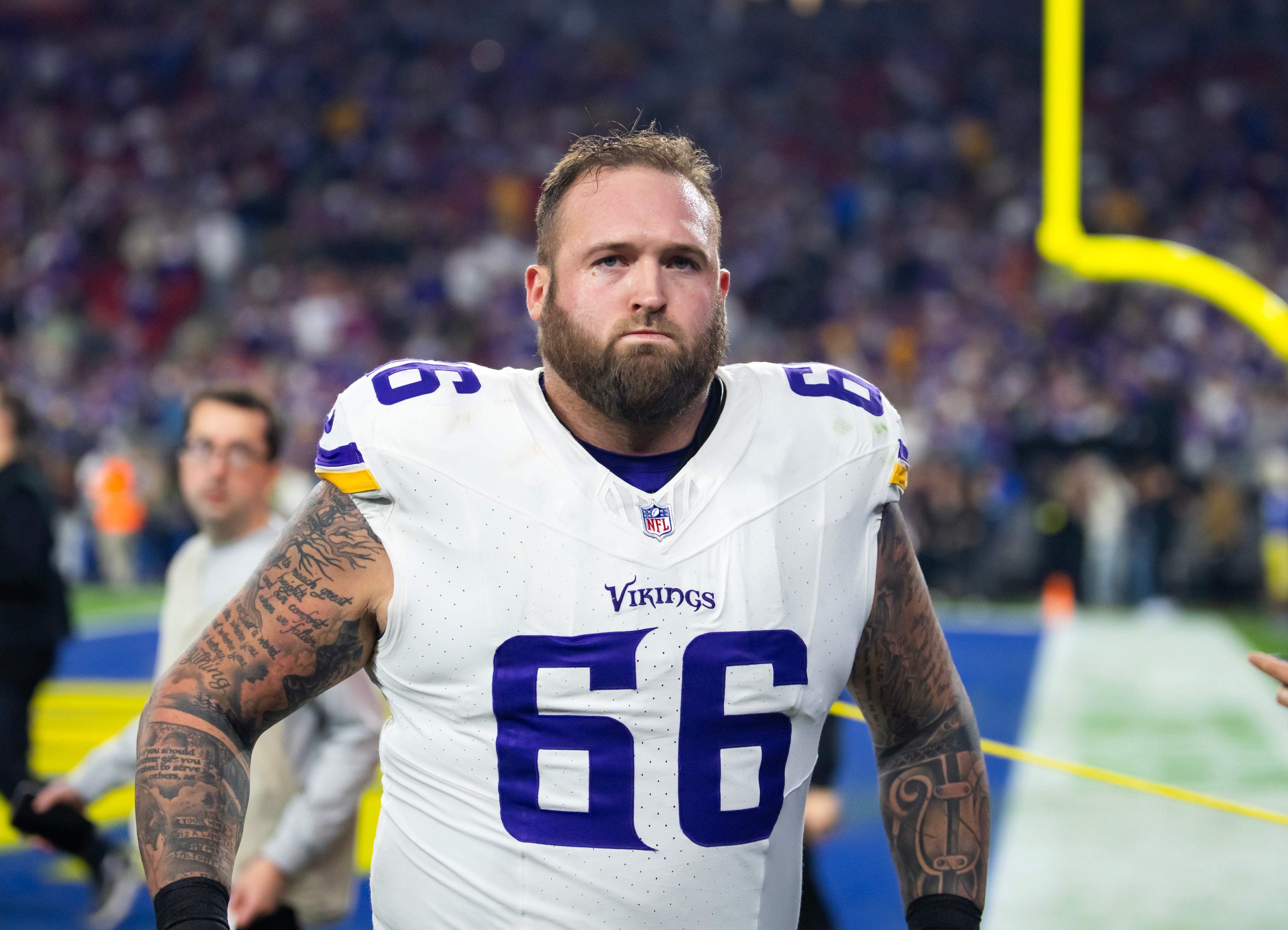 Jan 13, 2025; Glendale, AZ, USA; Minnesota Vikings guard Dalton Risner (66) against the Los Angeles Rams during an NFC wild card game at State Farm Stadium.