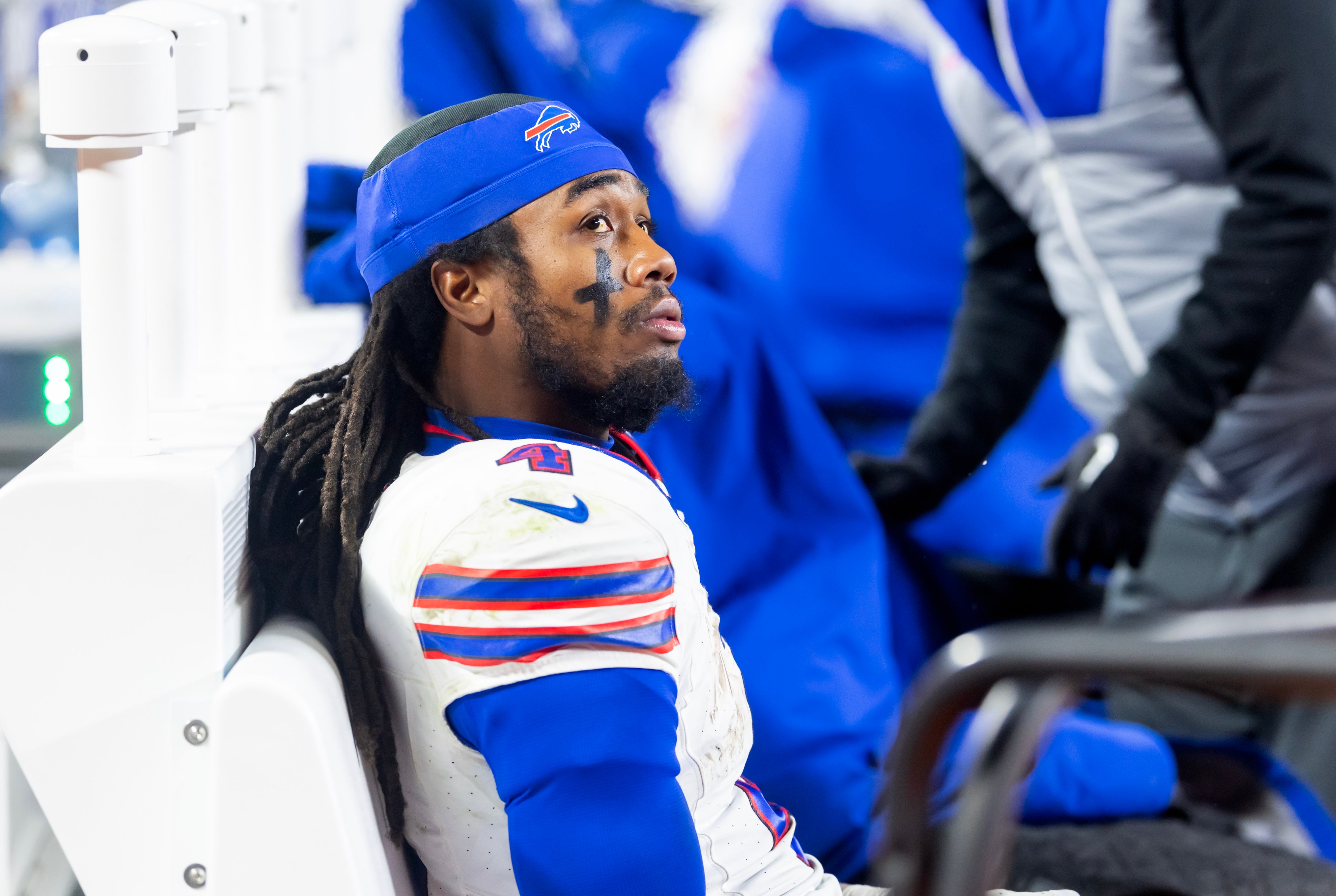 Buffalo Bills RB James Cook on the sideline during team's AFC Championship Game against the Kansas City Chiefs