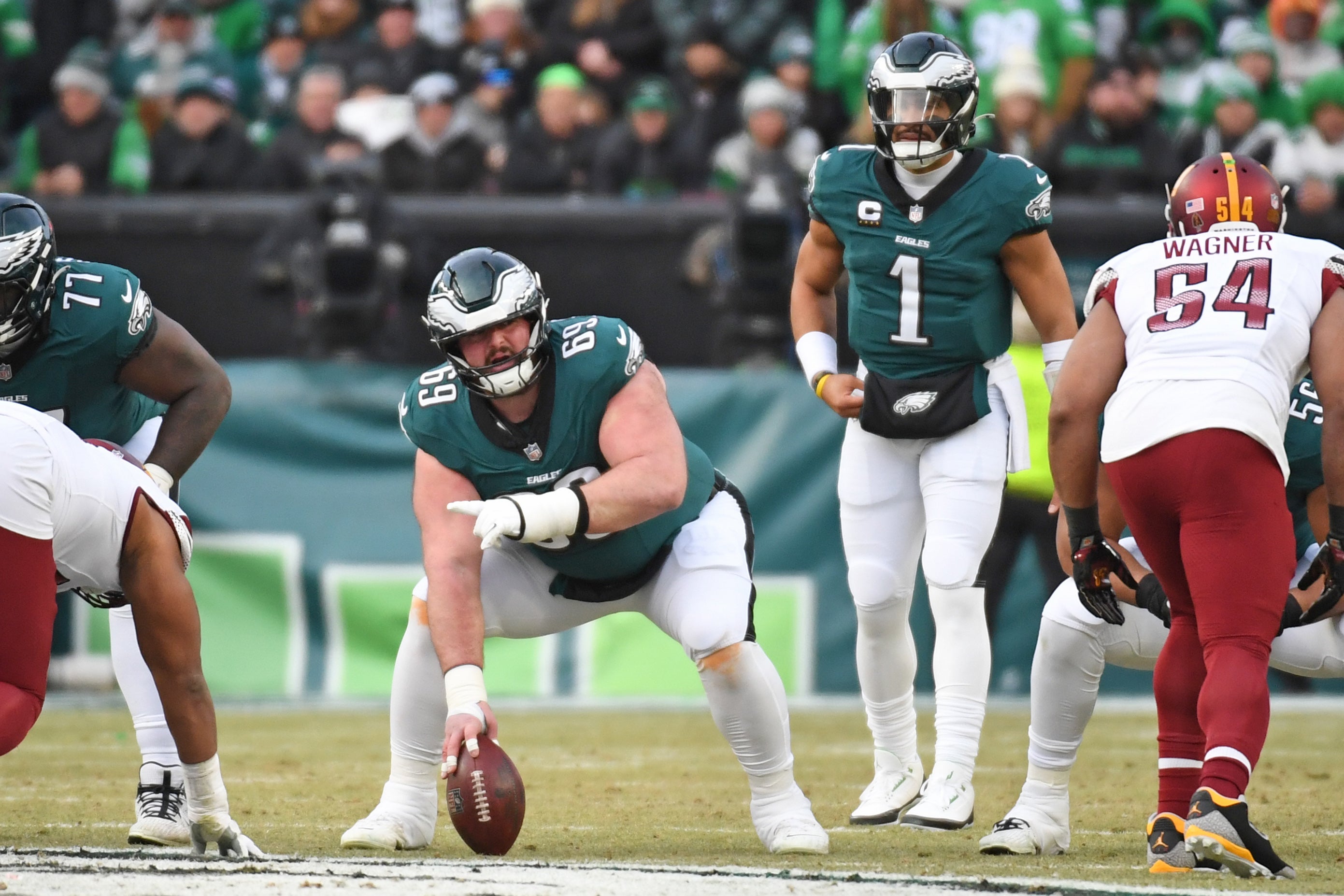 Philadelphia Eagles guard Landon Dickerson (69) against the Washington Commanders in the NFC Championship game at Lincoln Financial Field. Eric Hartline-Imagn Images