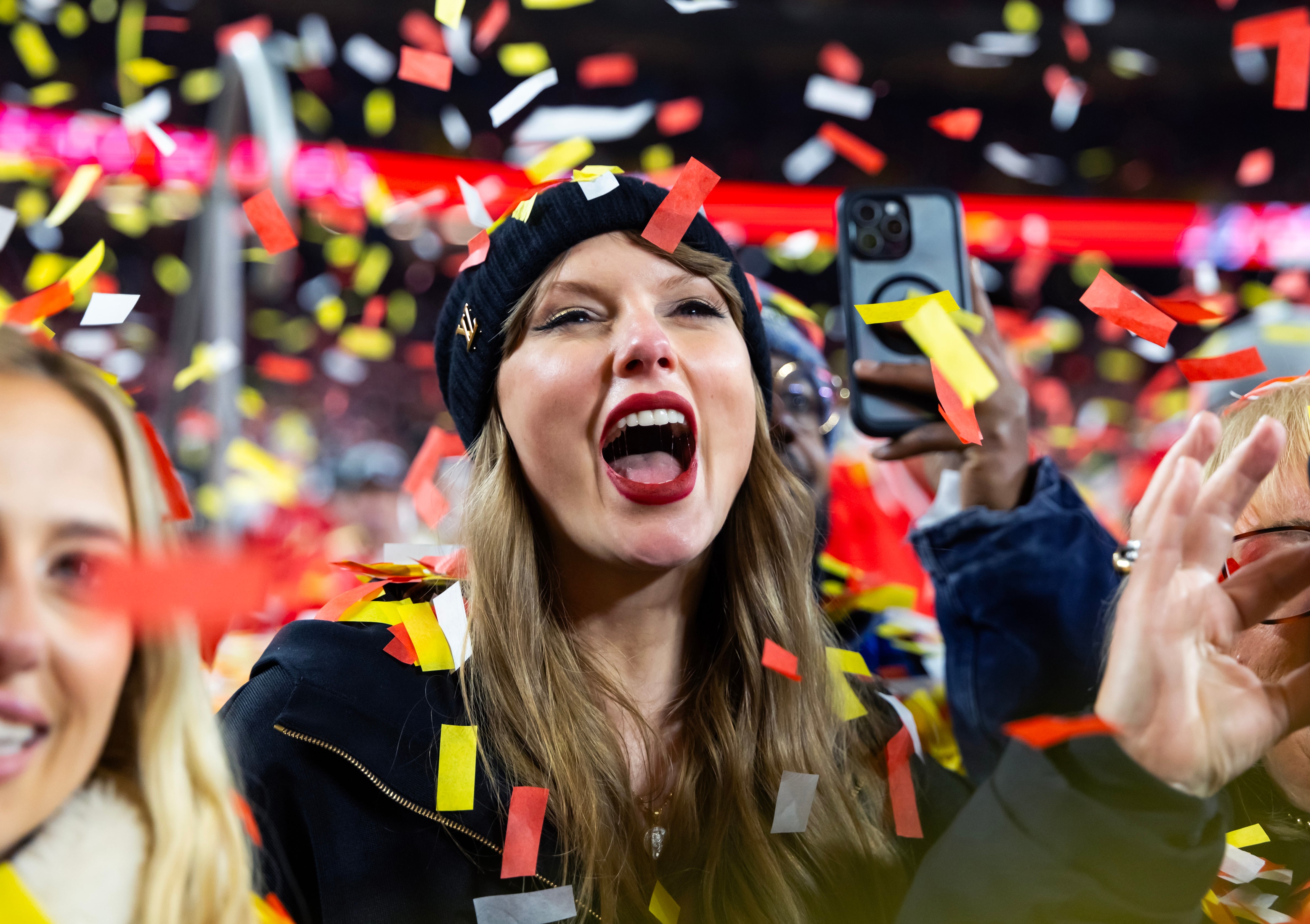 Taylor Swift celebrates after the AFC Championship game