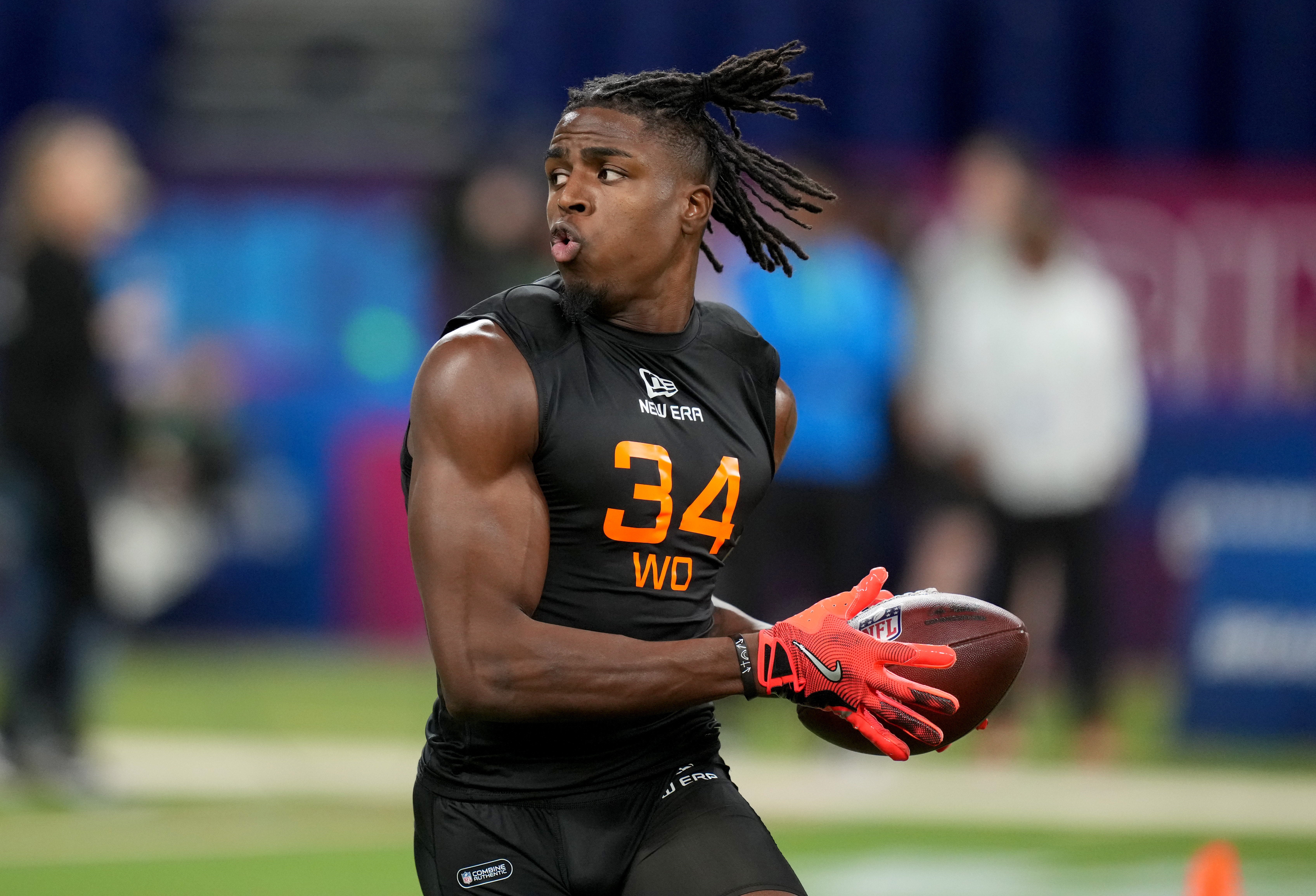 Mar 1, 2025; Indianapolis, IN, USA; Nebraska wideout Isaiah Neyor (WO34) during the 2025 NFL Combine at Lucas Oil Stadium.