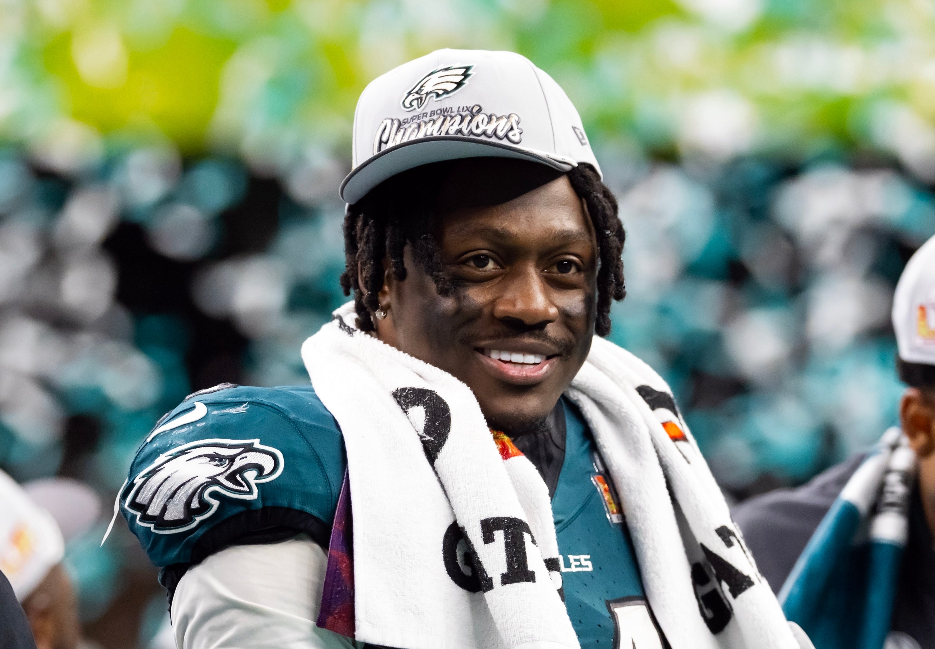 Philadelphia Eagles wide receiver A.J. Brown (11) celebrates after defeating the Kansas City Chiefs during Super Bowl LIX at Ceasars Superdome. Mark J. Rebilas-Imagn Images