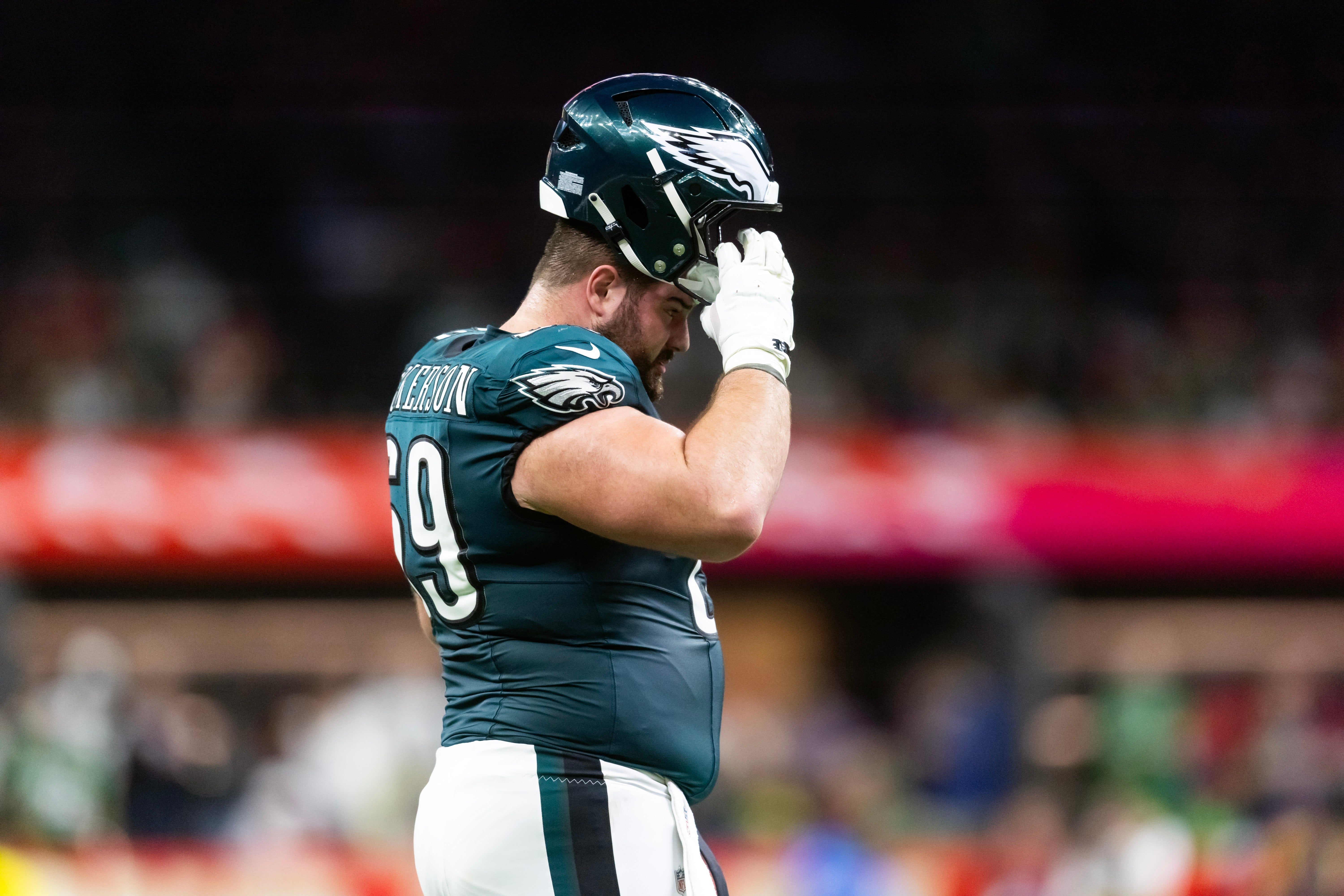 Philadelphia Eagles guard Landon Dickerson (69) against the Kansas City Chiefs during Super Bowl LIX at Ceasars Superdome. Mark J. Rebilas-Imagn Images
