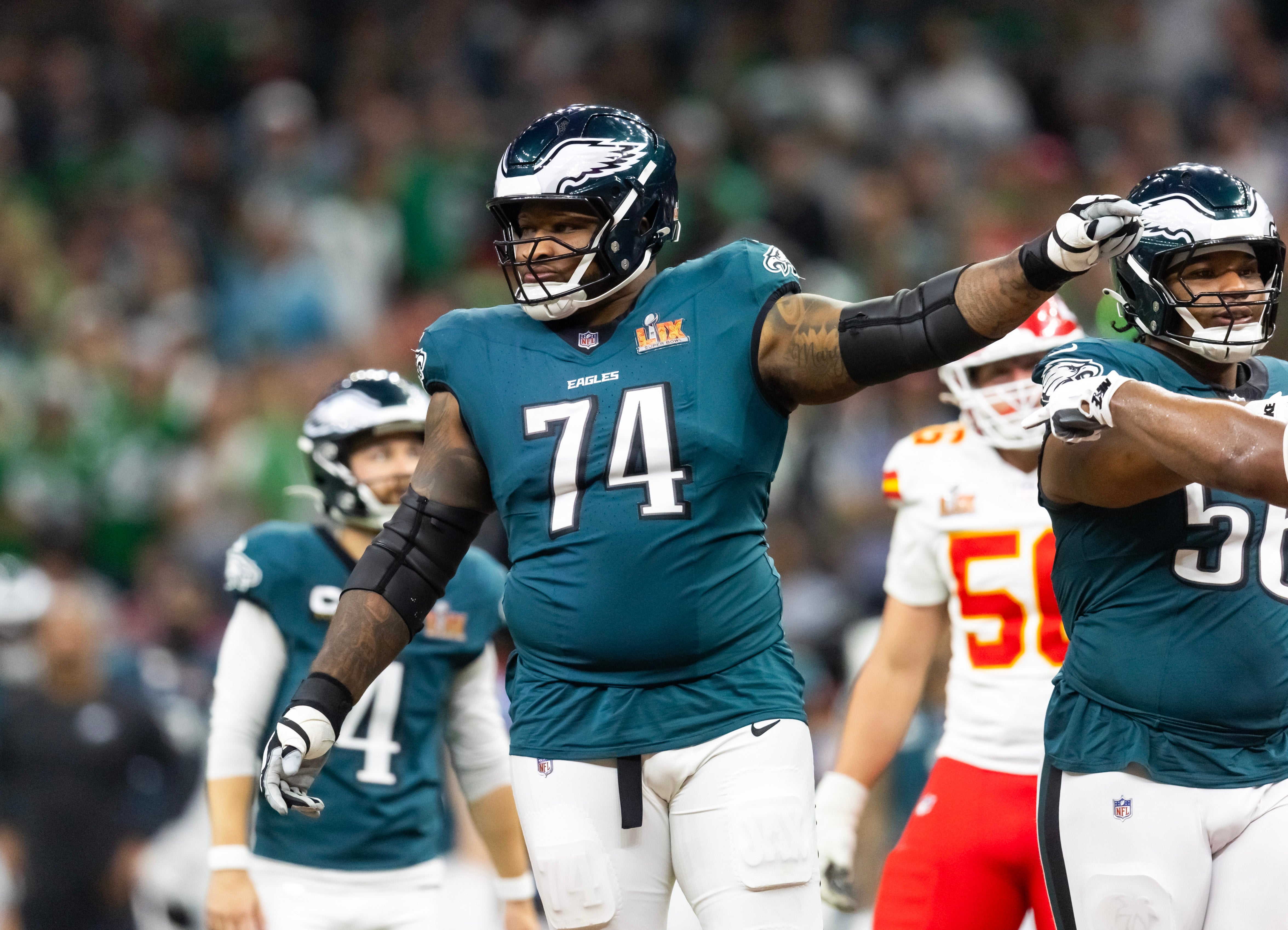 Philadelphia Eagles offensive tackle Fred Johnson (74) against the Kansas City Chiefs during Super Bowl LIX at Ceasars Superdome. Mark J. Rebilas-Imagn Images