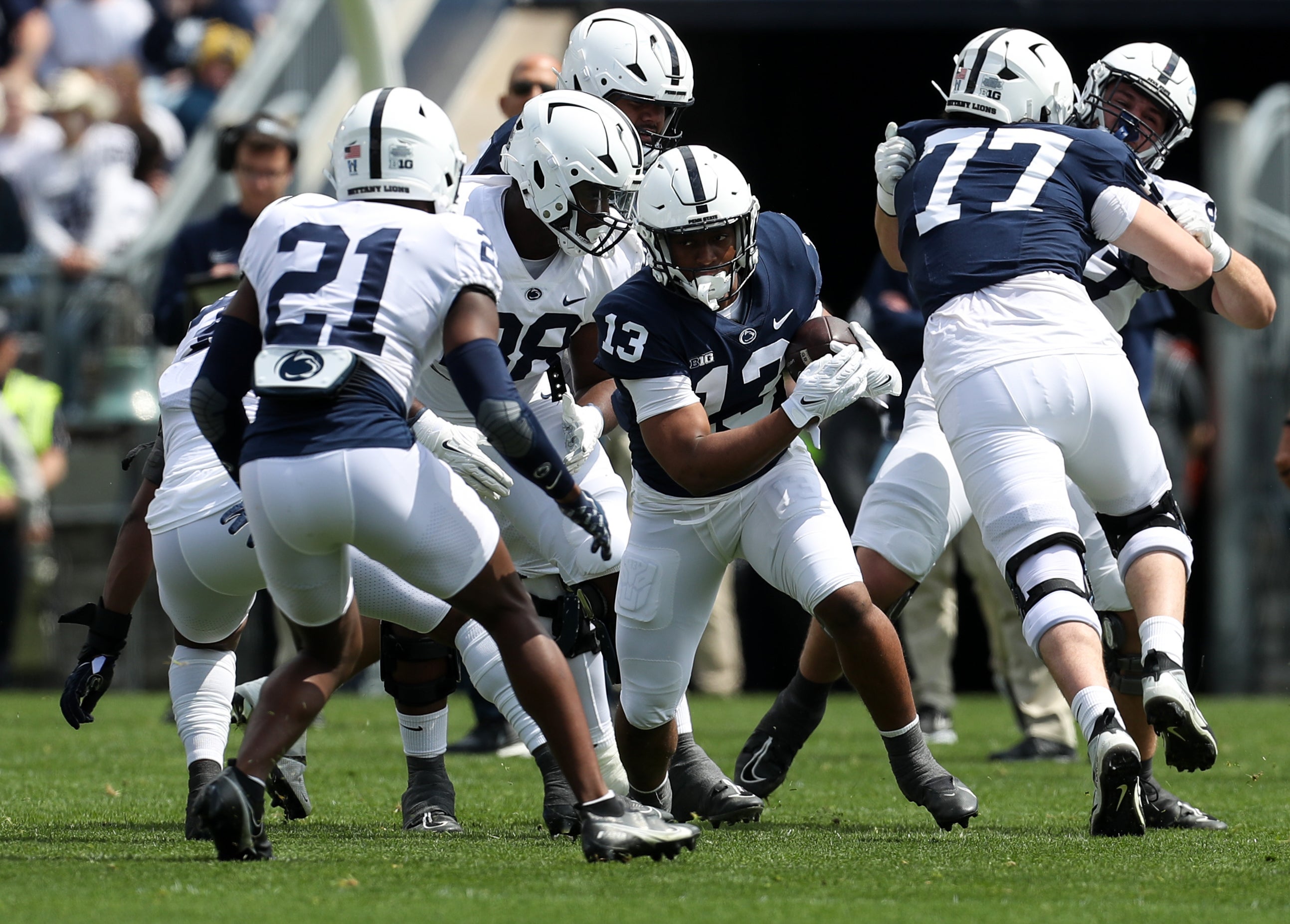 Apr 26, 2025; University Park, PA, USA; Penn State Nittany Lions running back Kaytron Allen (13) runs with the ball during the first quarter of the Blue White spring game at Beaver Stadium. The White team defeated the Blue team 10-8. Mandatory Credit: Matthew O'Haren-Imagn Images