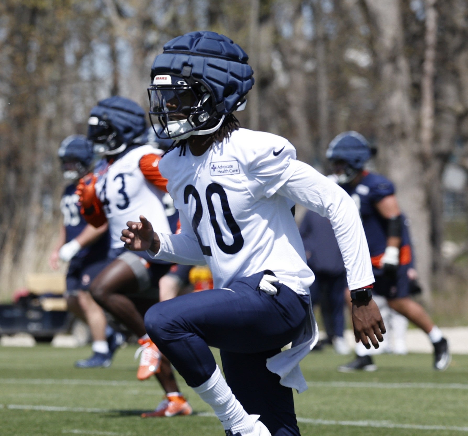 Zah Frazier (20) warms up during the Rookie Minicamp at Halas Hall.