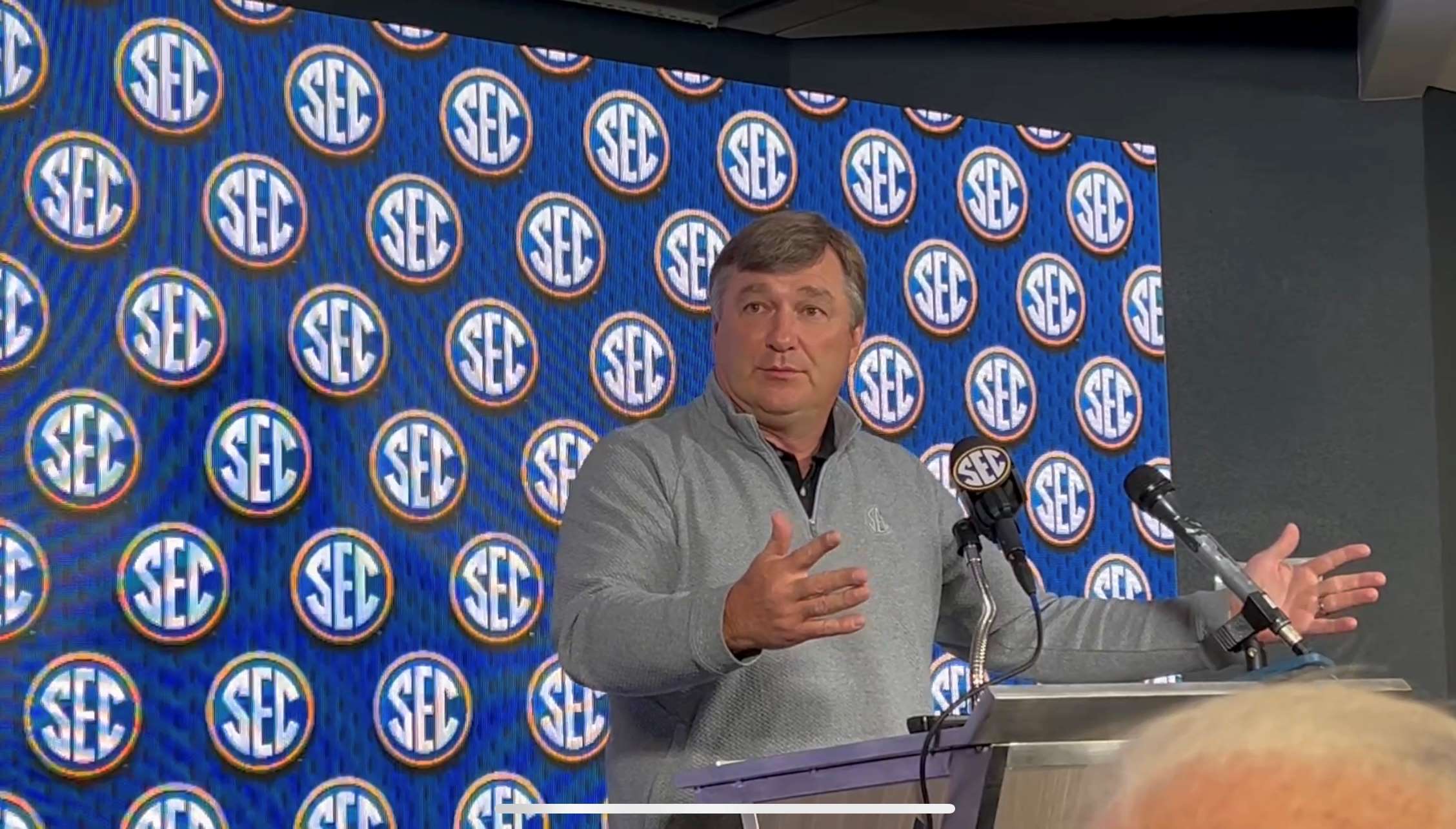 Georgia football coach Kirby Smart speaks to reporters at the SEC spring meetings in Miramar Beach, Fla, on Tuesday May 27, 2025