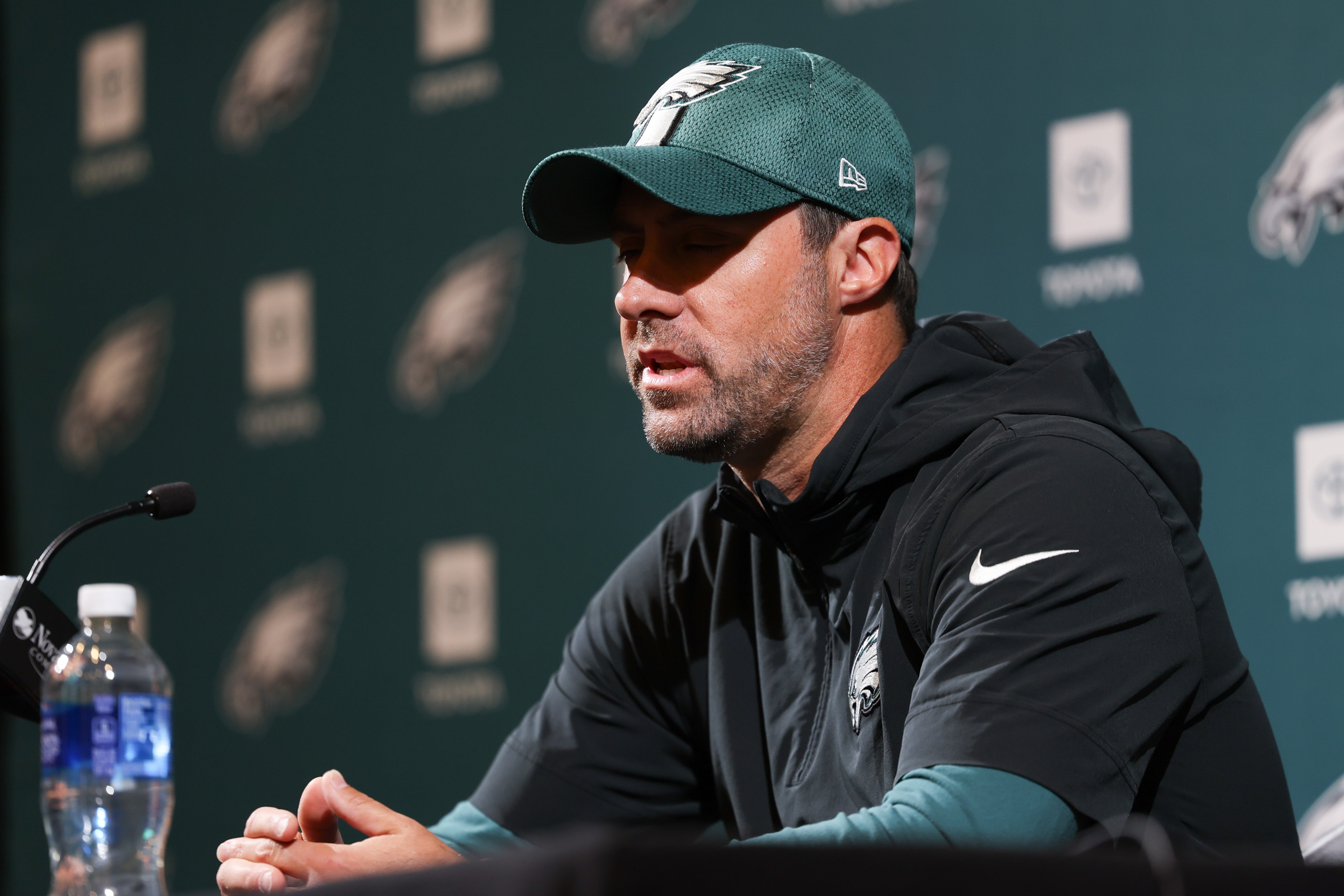 Philadelphia Eagles offensive coordinator Kevin Patullo speaks with the media at NovaCare Complex. Bill Streicher-Imagn Images