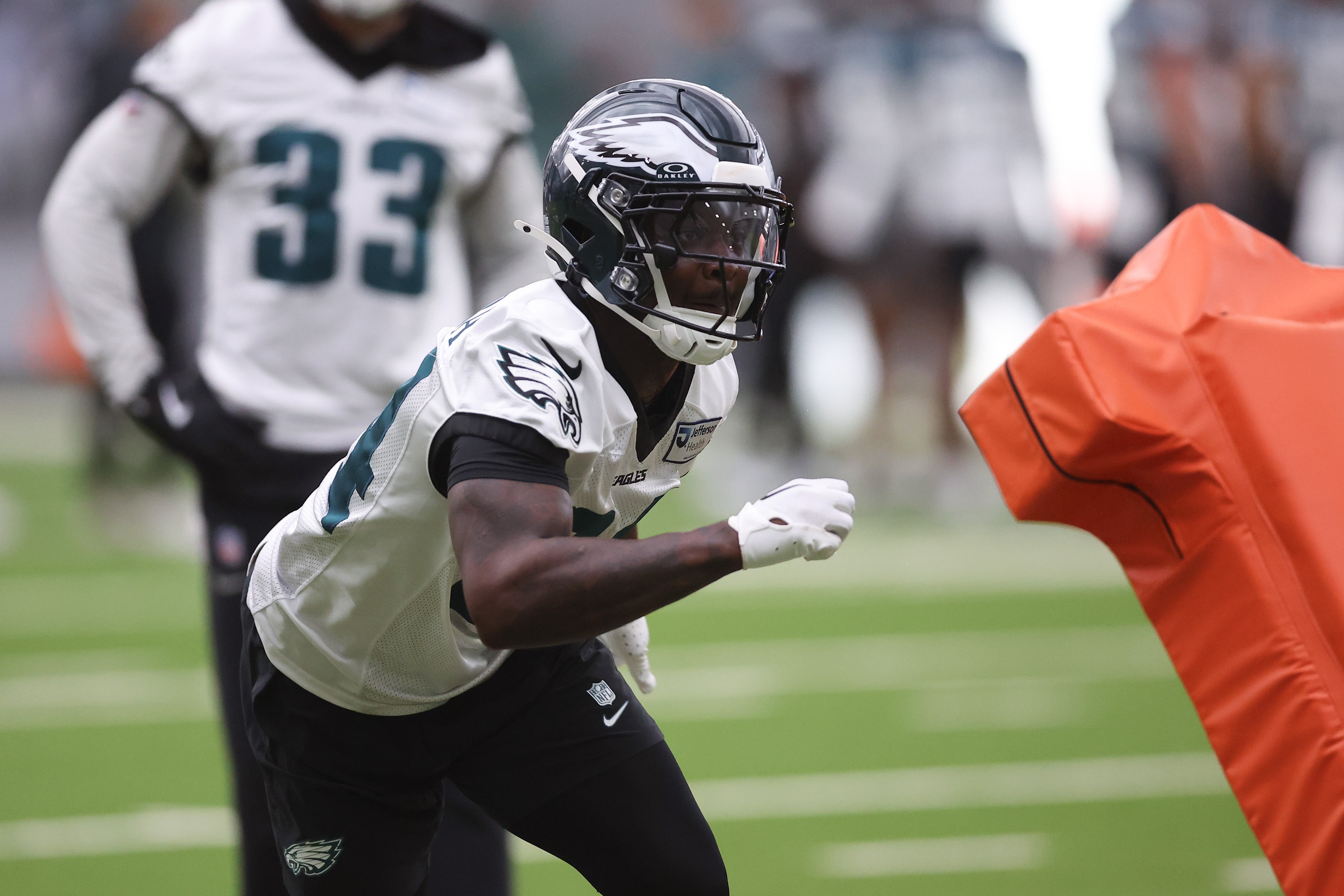 Philadelphia Eagles safety Andrew Mukuba (24) practices during OTAs at NovaCare Complex. Bill Streicher-Imagn Images
