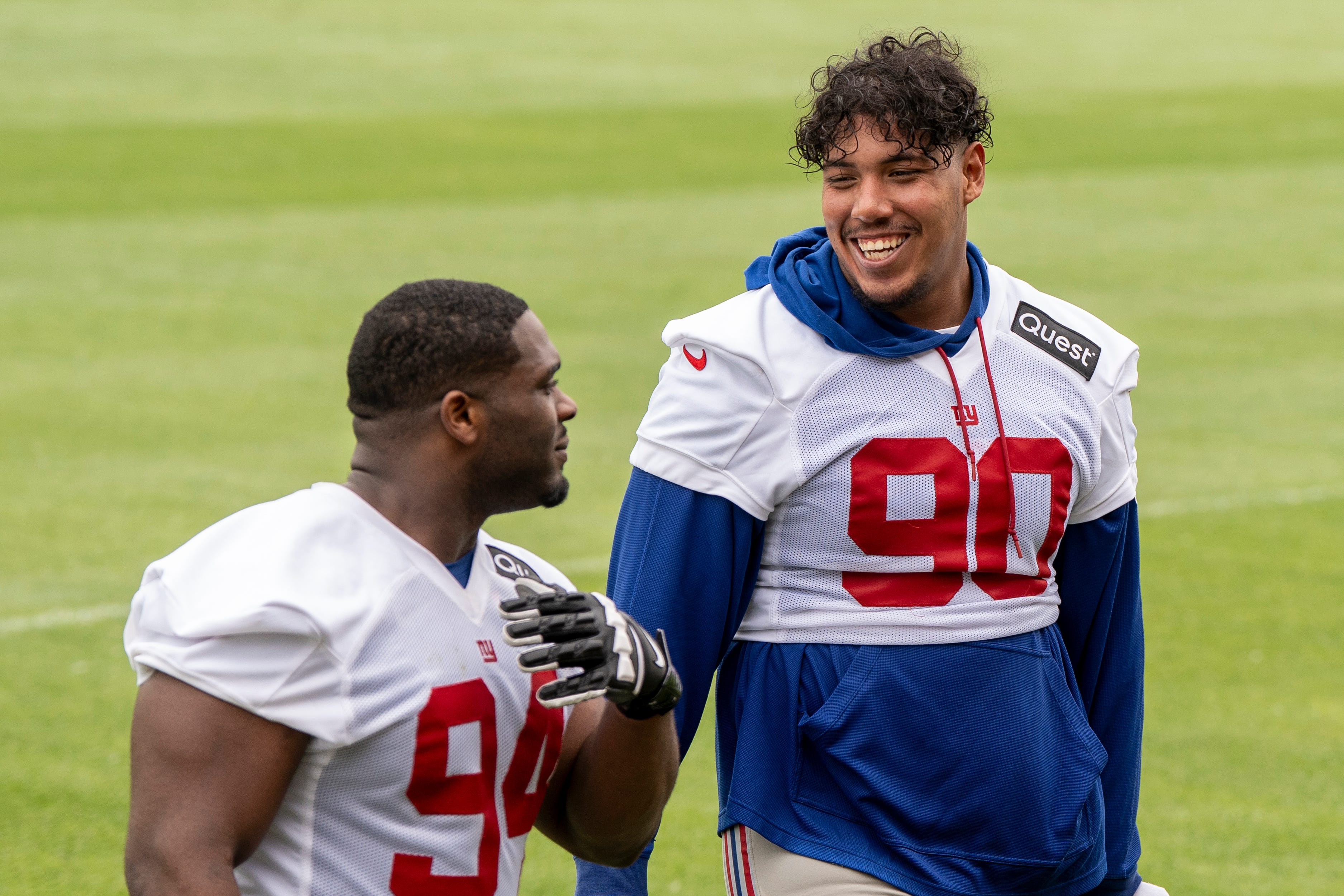 NY Giants players Elijah Chatman and Elijah Garcia are shown after practice at Quest Diagnostics Training Center, East Rutherford, NJ, May 28, 2025.