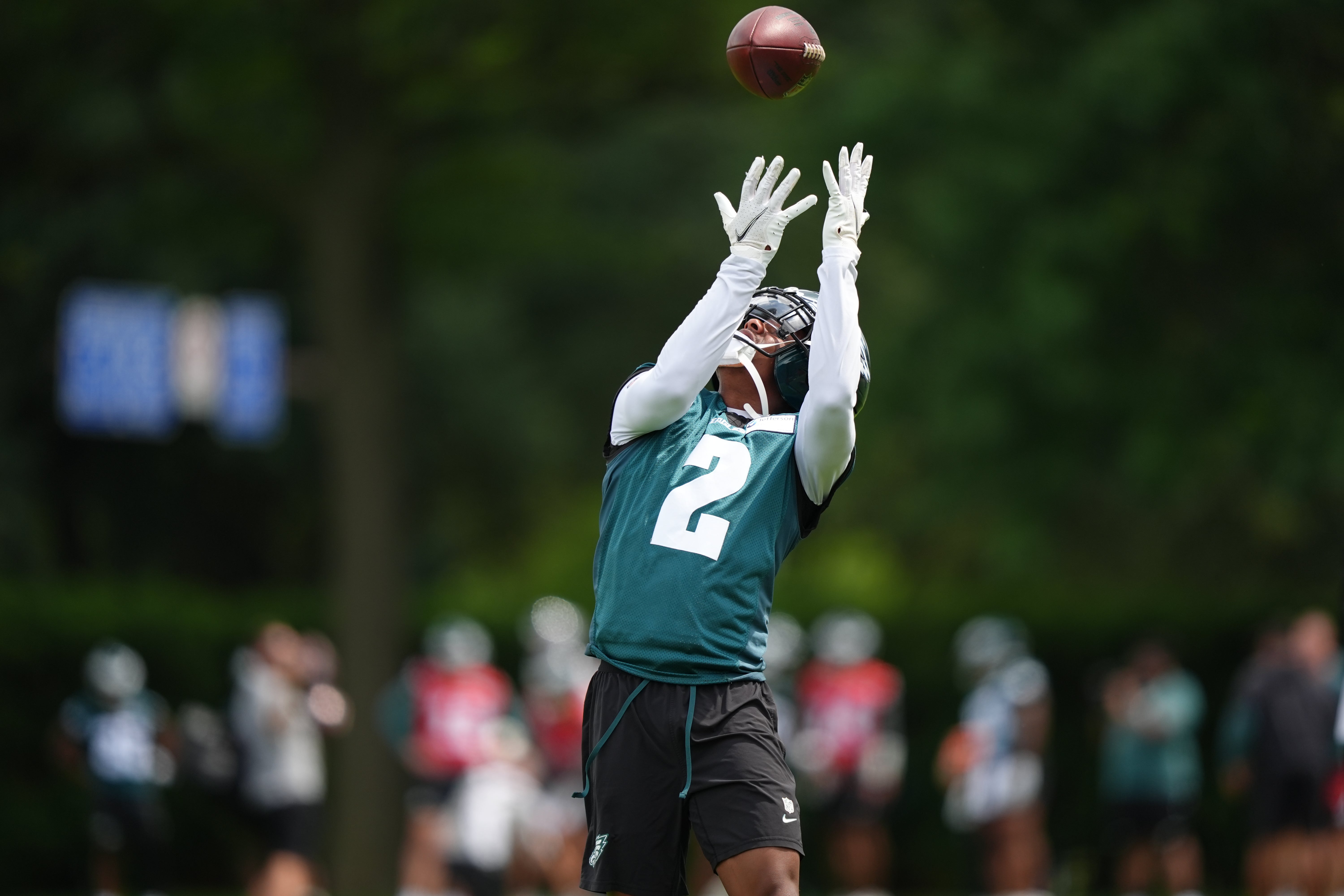 Philadelphia Eagles wide receiver Jahan Dotson (2) receives a pass during a practice drill at NovaCare Complex. Kyle Ross-Imagn Images