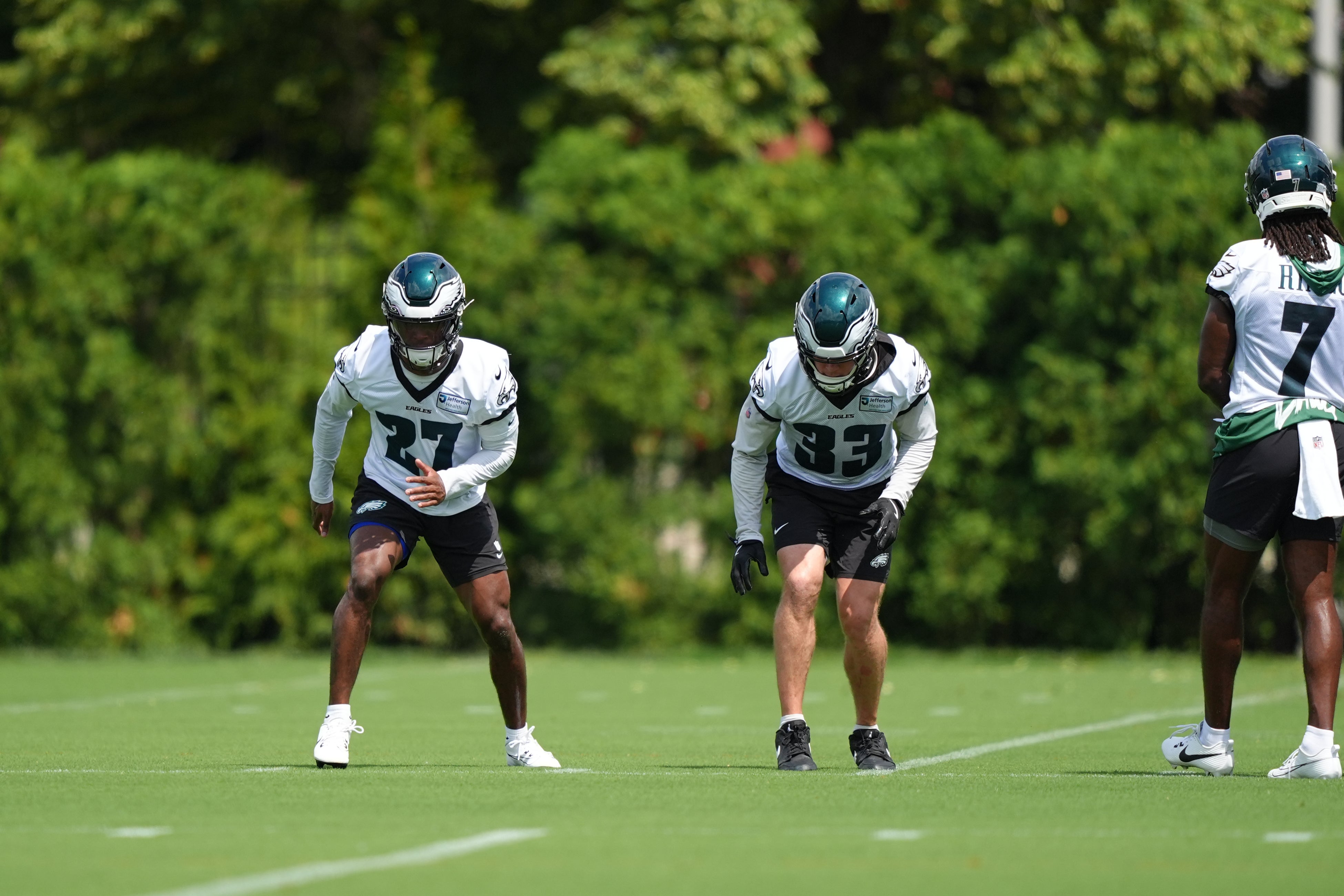 Philadelphia Eagles defensive back Quinyon Mitchell (27) performs a practice drill with defensive back Cooper DeJean (33) at NovaCare Complex. Kyle Ross-Imagn Images
